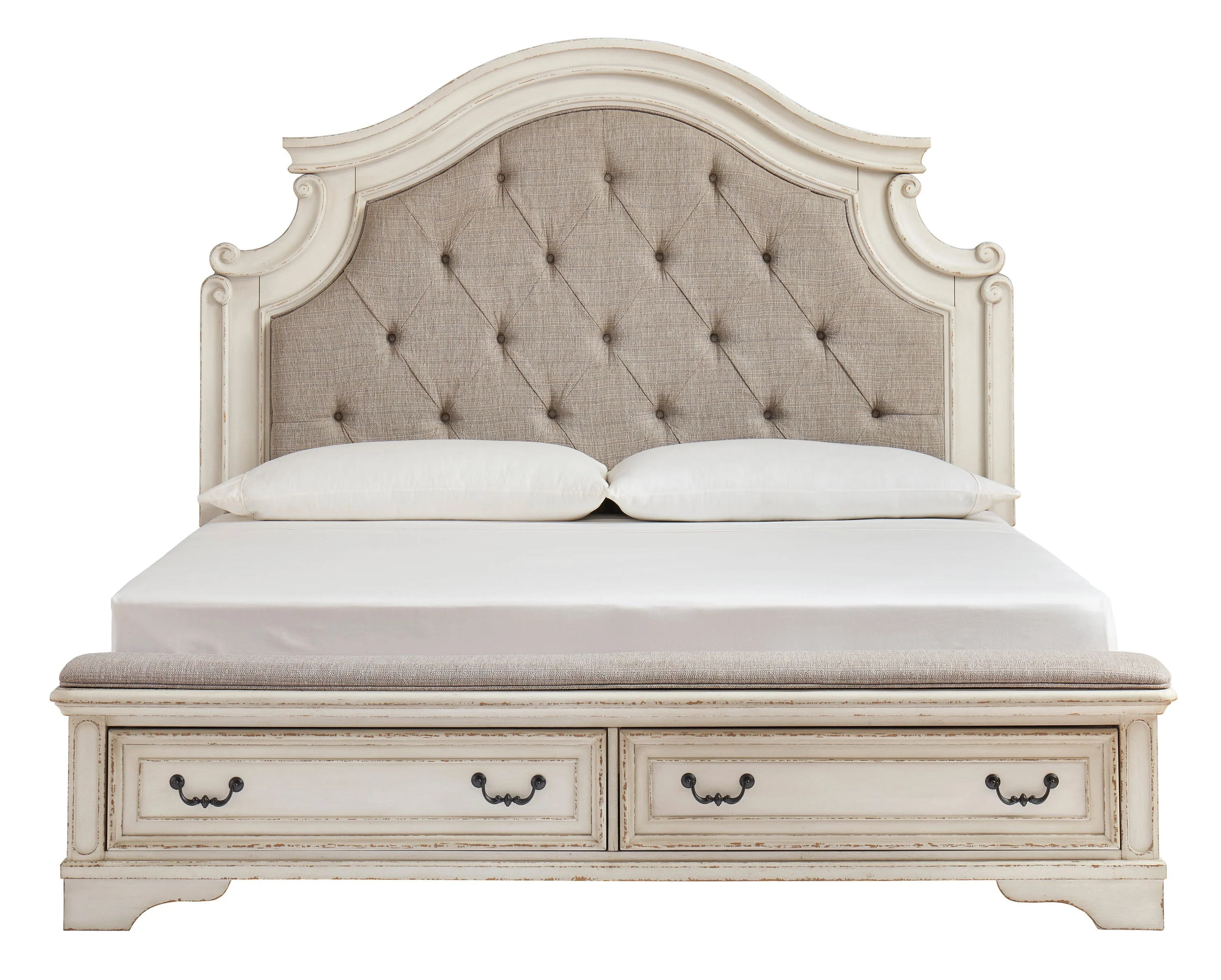 Realyn Chipped White Upholstered Storage Platform Bedroom Set with Footboard Bench - Image 3