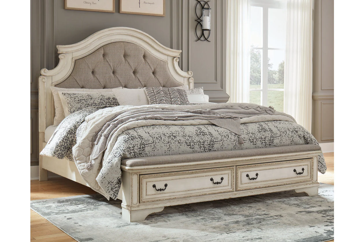 Realyn Two-tone King Upholstered Storage Platform Bed with Footboard Bench
