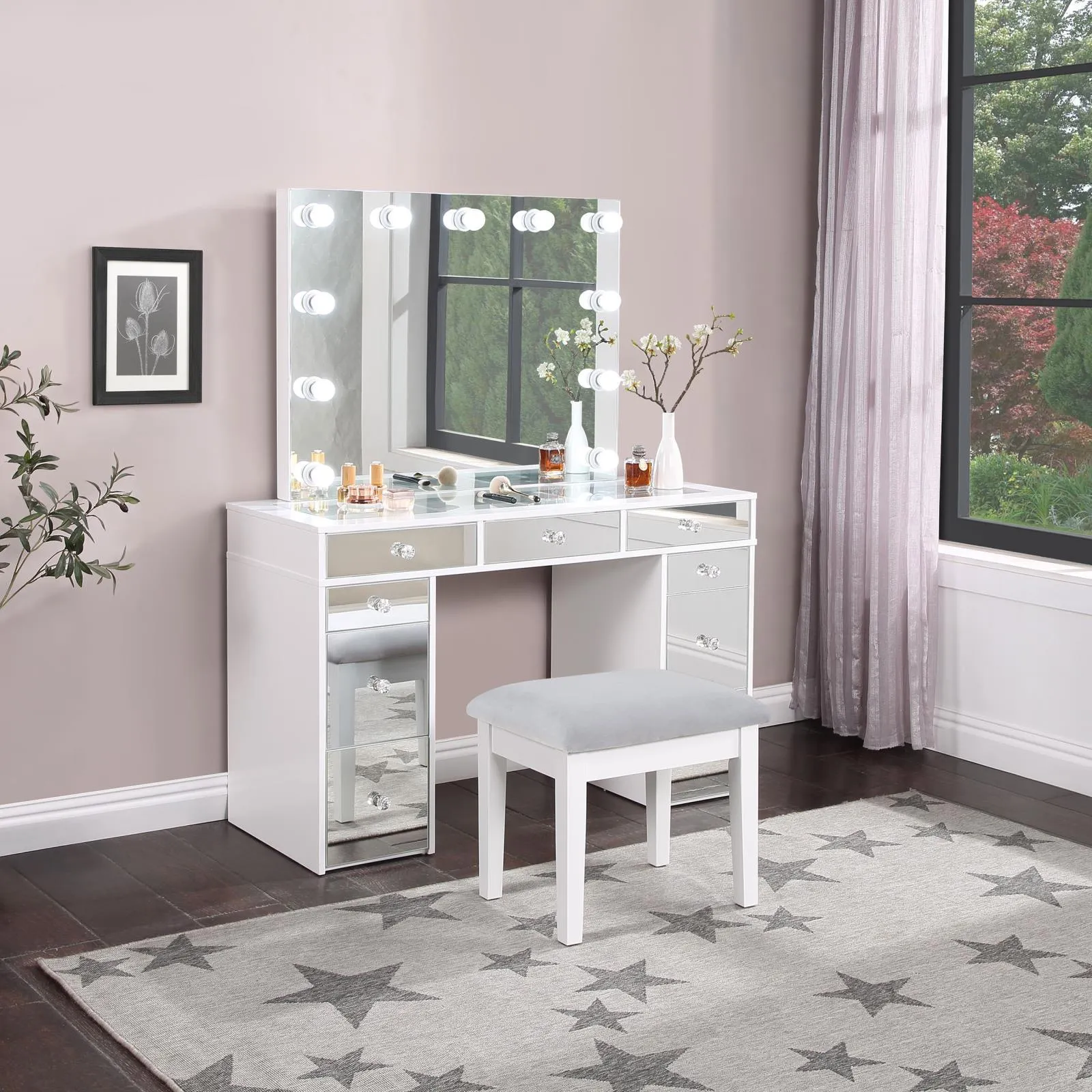 Regina White 3-piece Makeup Vanity Table Set Hollywood Lighting Mirror