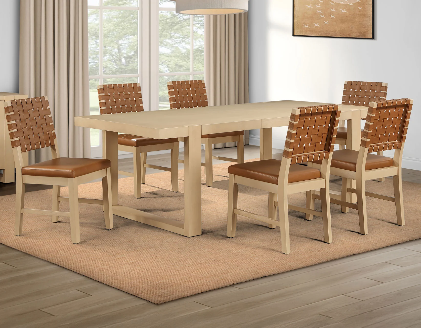 Reid Camel Vegan Leather 5-Piece 77-95″ Dining Set, Sand Finish