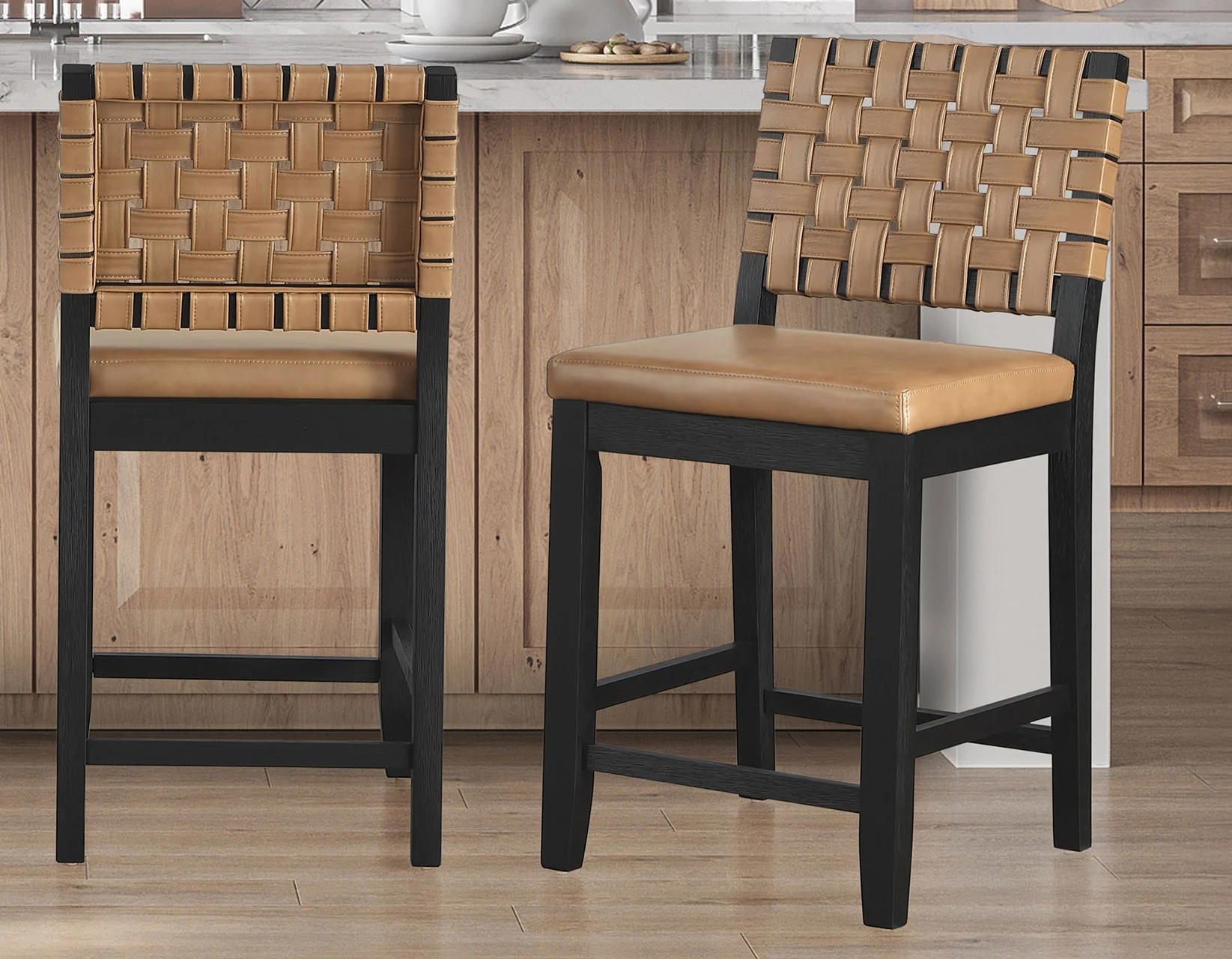 Reid Saddle Brown Camel Vegan Leather 24″ Counter Chair Black Finish