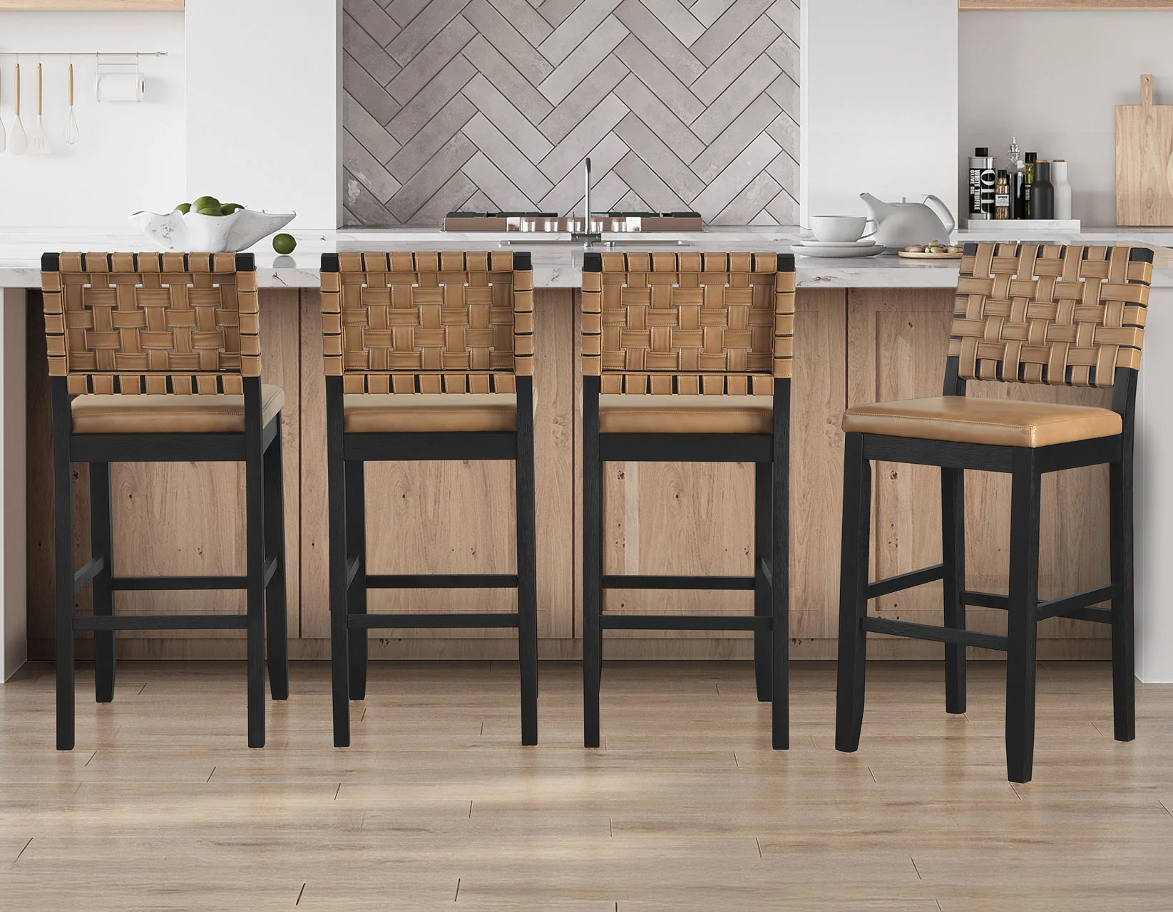 Reid Saddle Brown Vegan Leather 30″ Bar Stool, Black Finish - Image 2