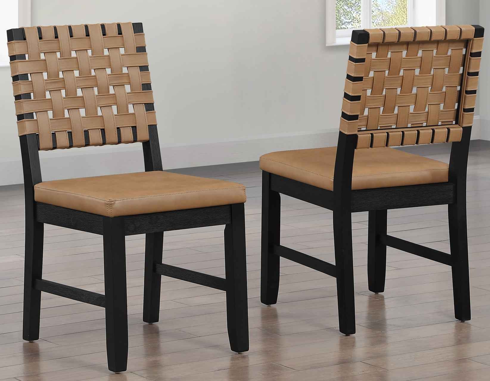 Reid Saddle Brown Vegan Leather Side Chair, Black Finish, Set of 2