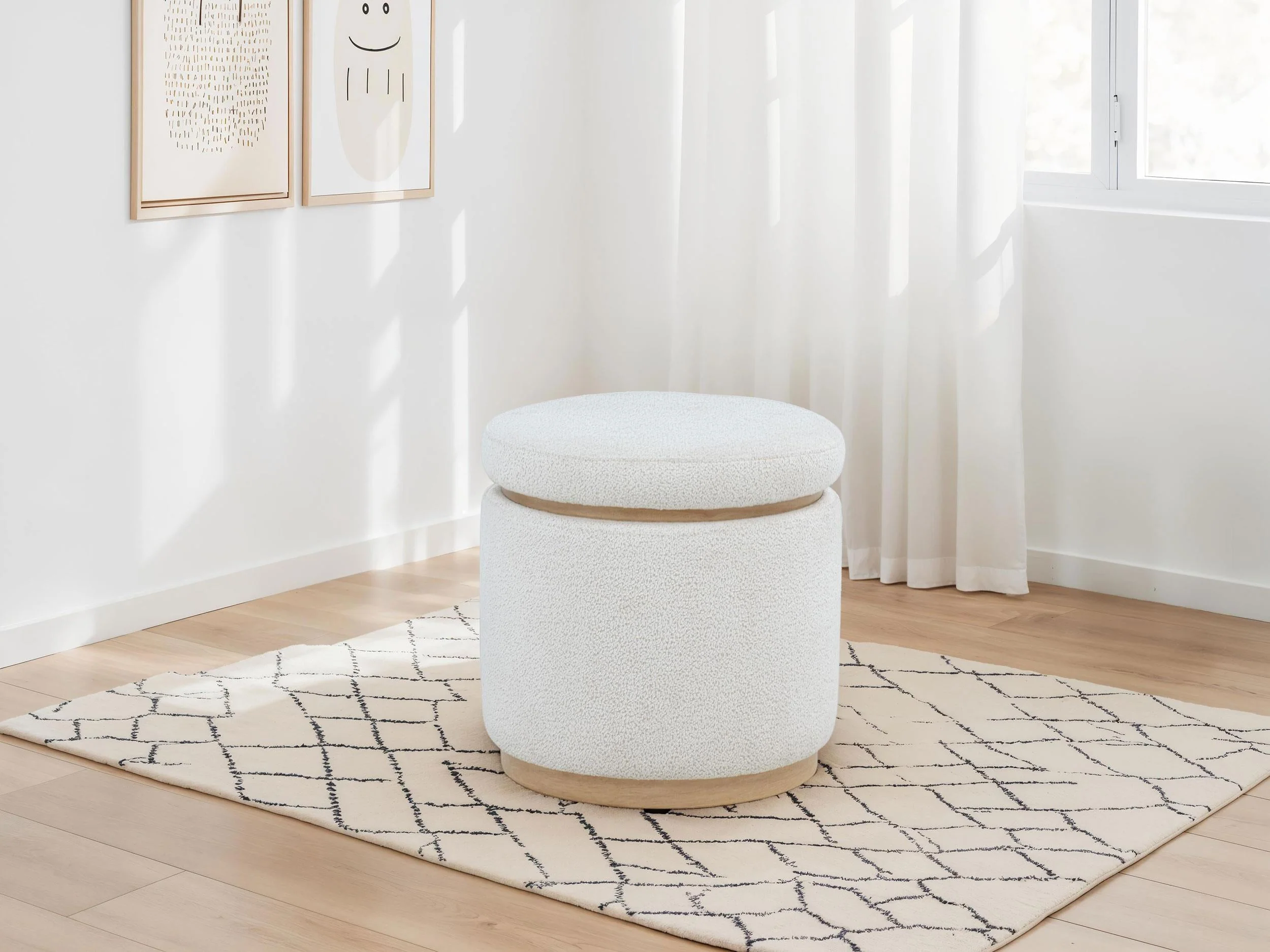 Remuda Ivory Boucle Upholstered Round Storage Ottoman
