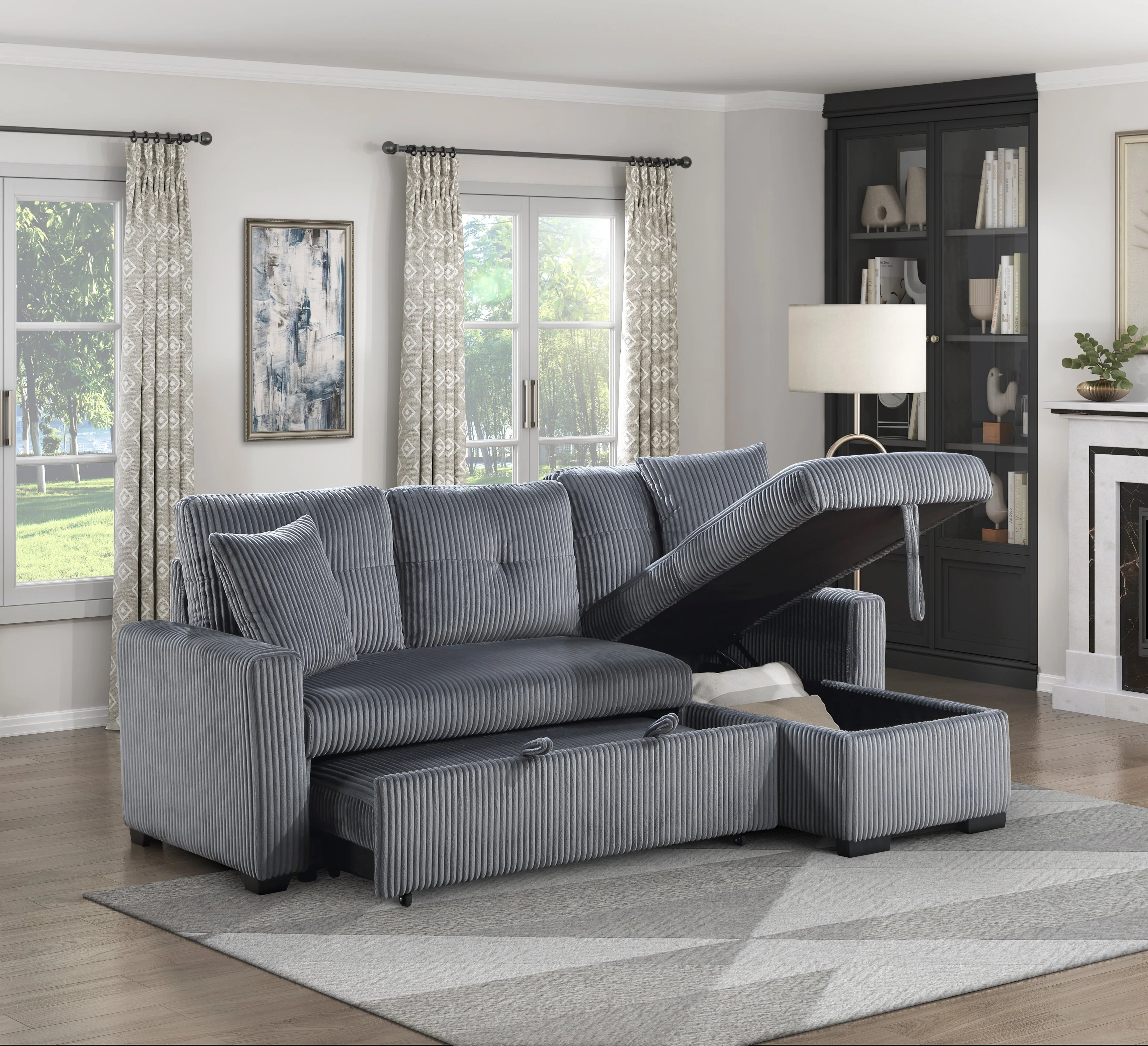 Rhett Dark Gray 3-Piece Reversible Sectional with Pull-out Bed and Hidden Storage - Image 12
