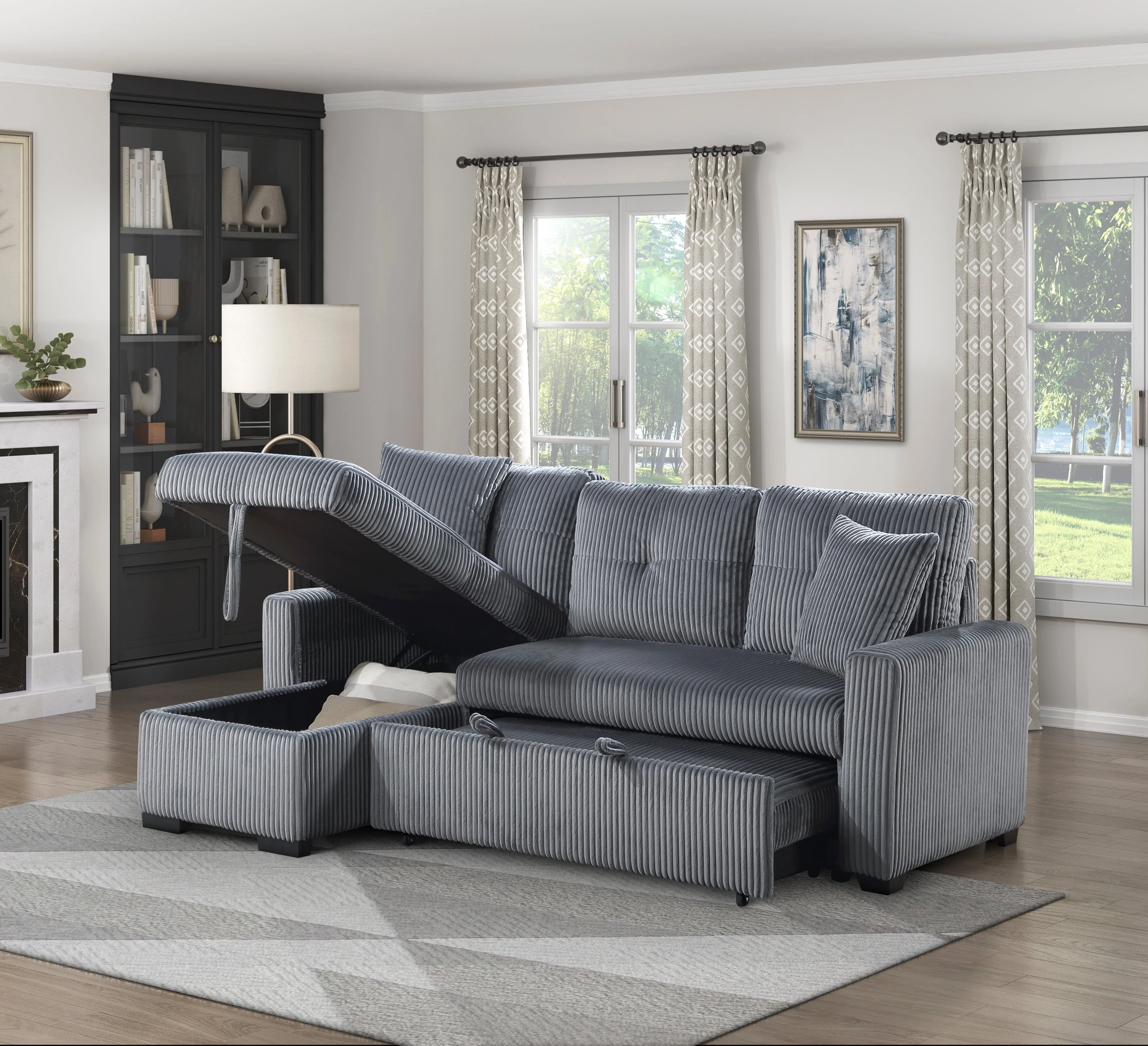 Rhett Dark Gray 3-Piece Reversible Sectional with Pull-out Bed and Hidden Storage - Image 14