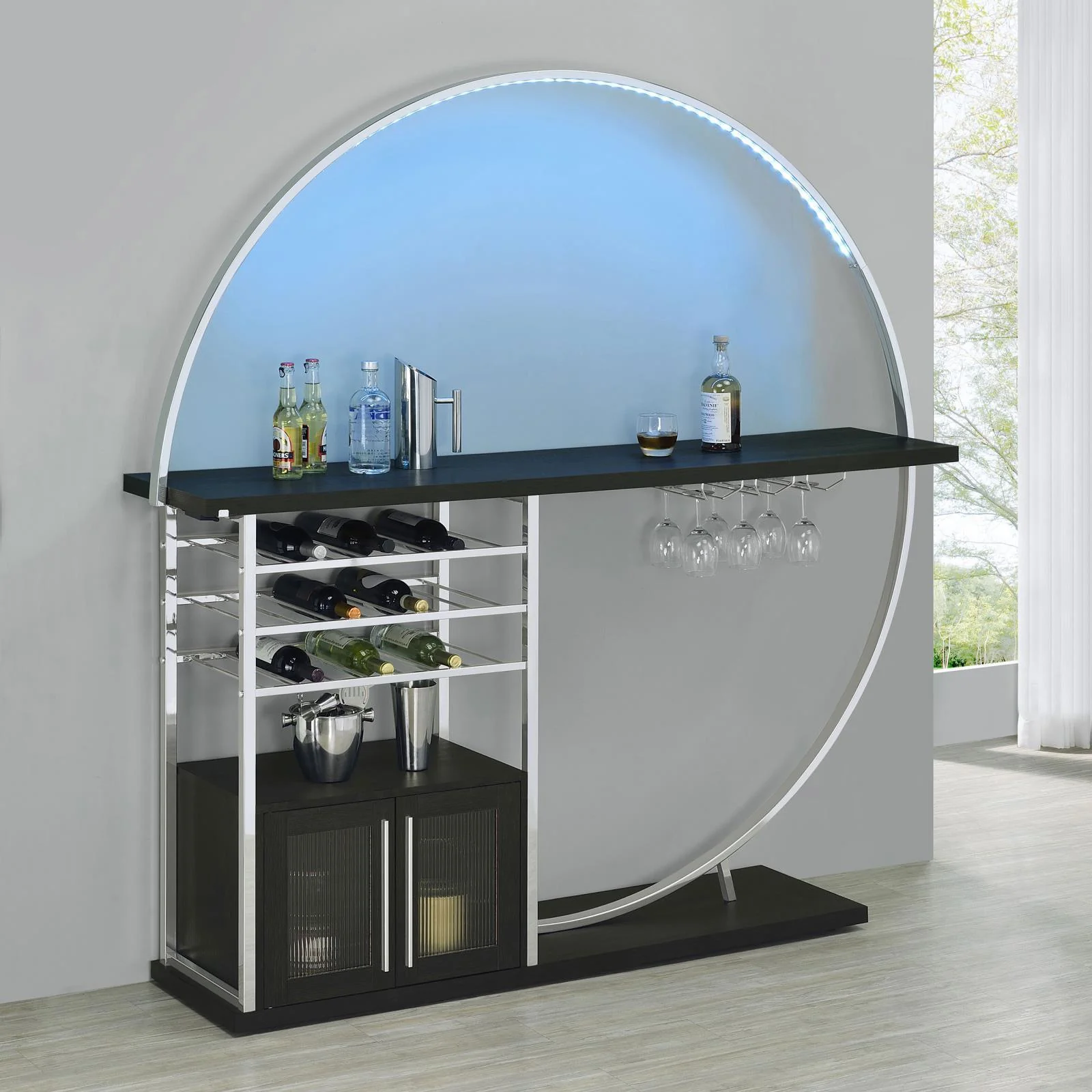 Risley Dark Charcoal 2-door Circular LED Home Bar with Wine Storage - Image 2