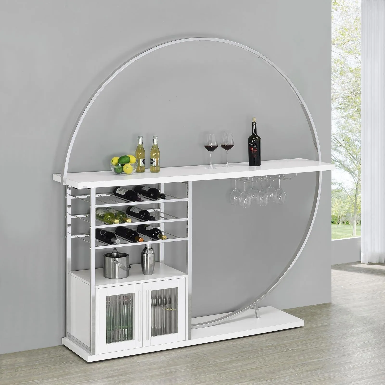 Risley White High Gloss 2-door Circular LED Home Bar with Wine Storage