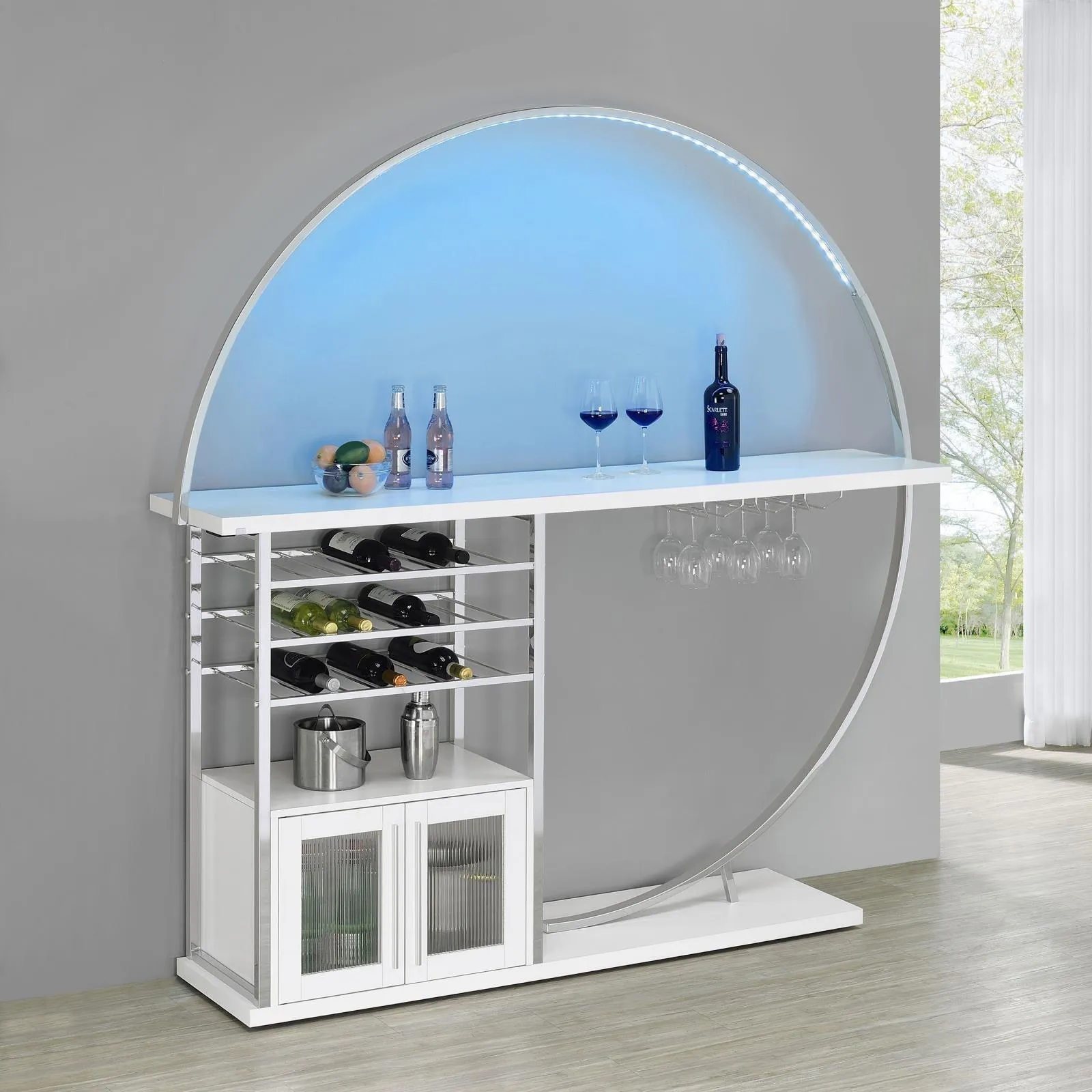 Risley White High Gloss 2-door Circular LED Home Bar with Wine Storage - Image 2