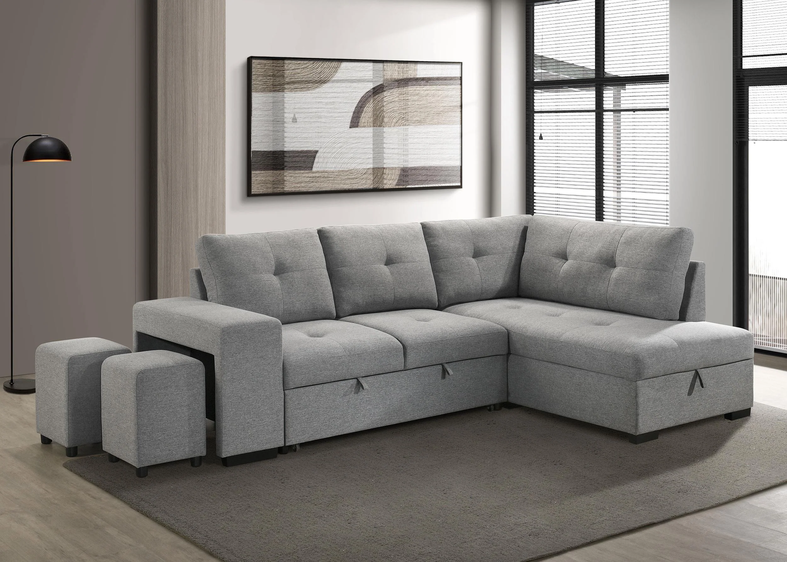 Roanne Grey Fabric Upholstered Sleeper Sectional Sofa