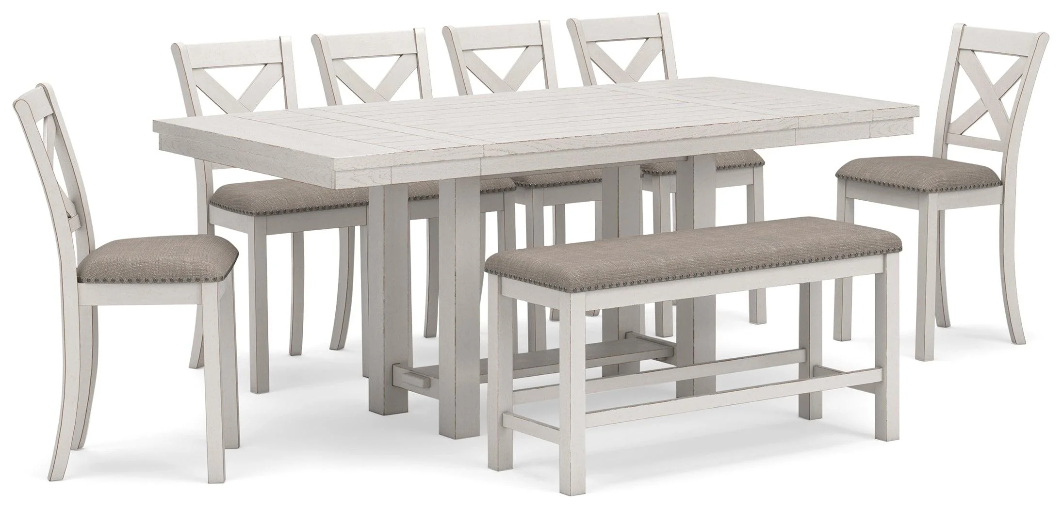 Robbinsdale Antique White Counter Height Dining Table and 6 Barstools and Bench