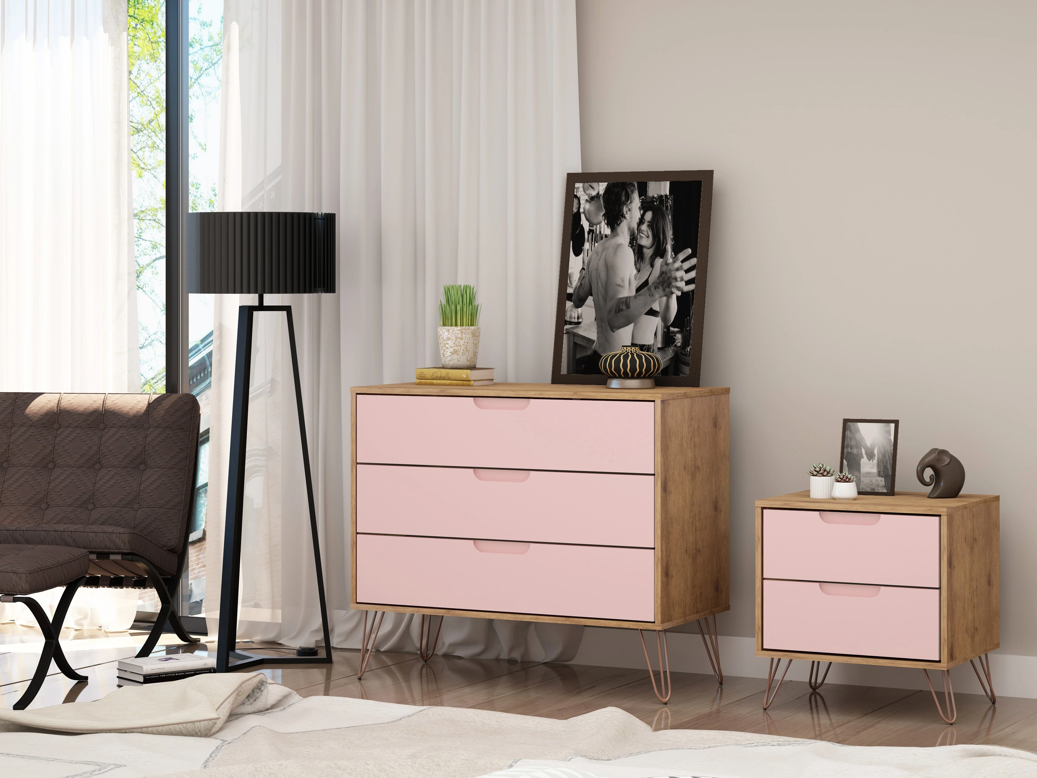 Rockefeller Dresser and Nightstand Set in Nature and Rose Pink - Image 2