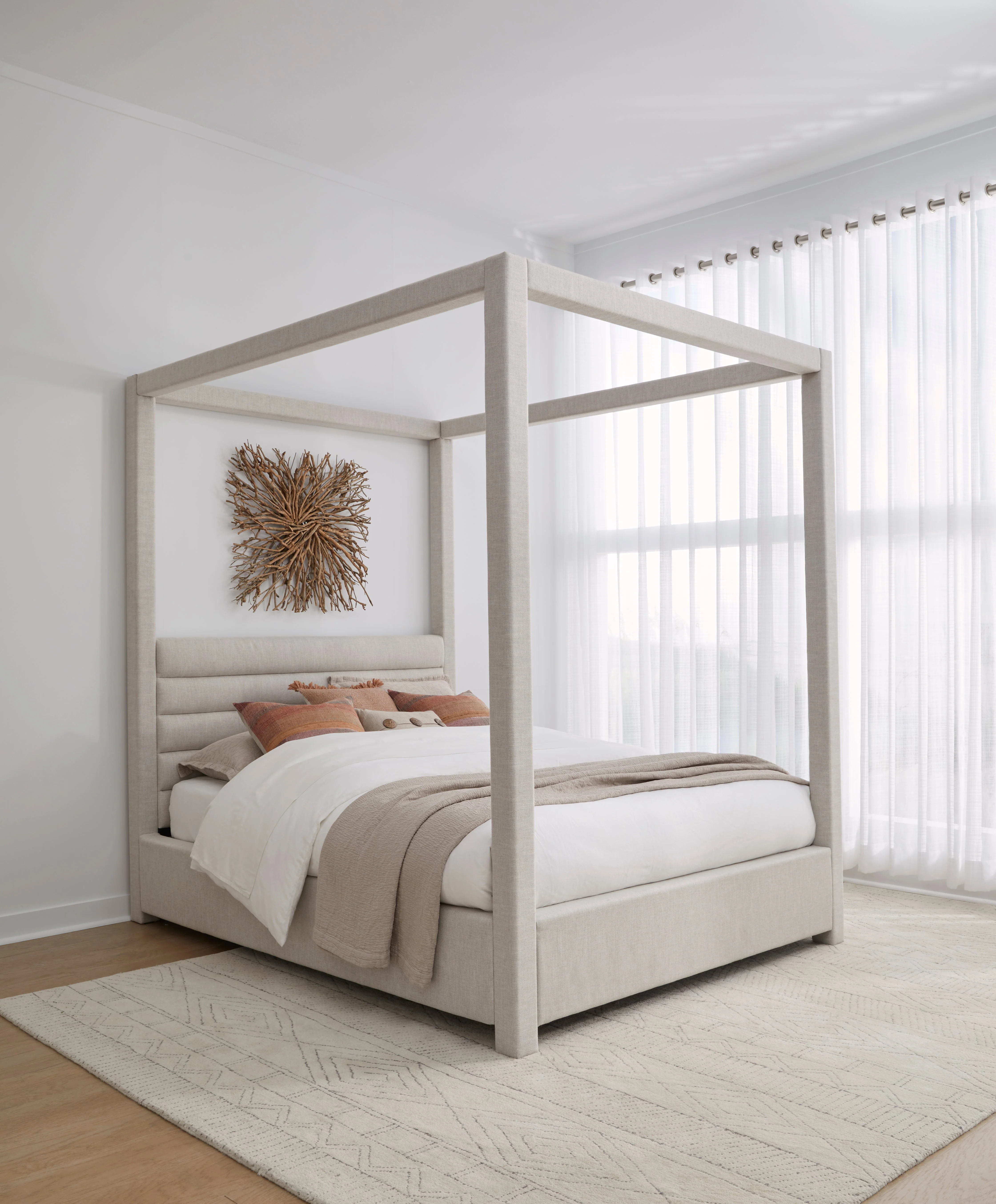 Rockford Upholstered Eastern King Canopy Bed in Turtle Dove Linen - Image 3