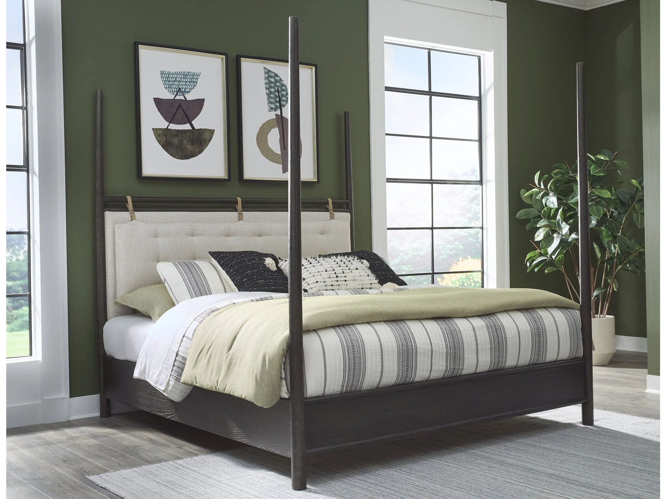 Rockport Full Upholstered Poster Bed in Yin and Turtle Dove Linen