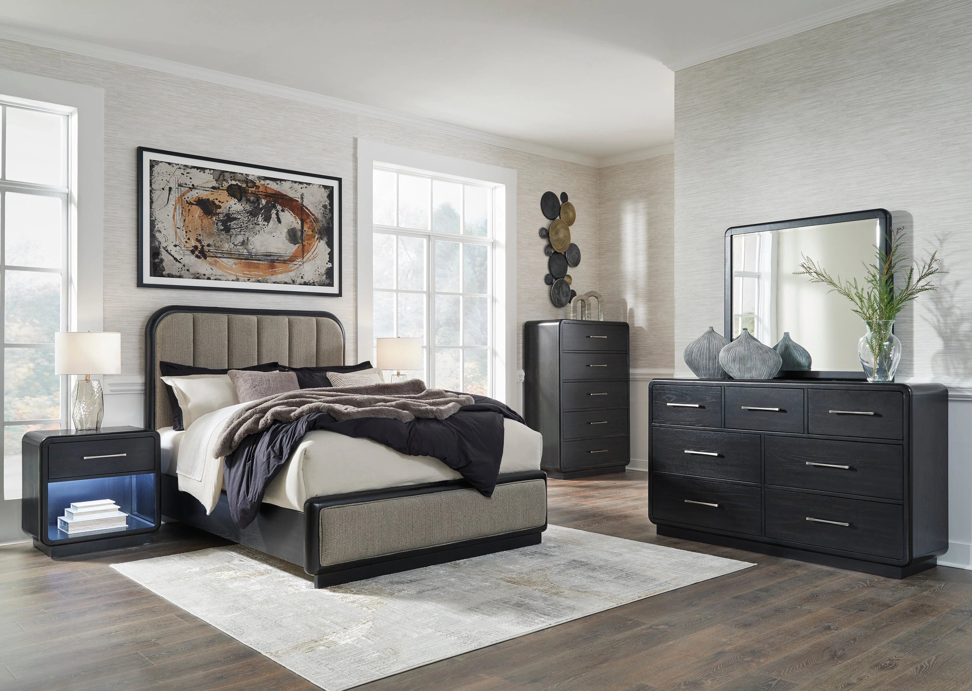 Rowanbeck Gray/Black Upholstered Panel Bedroom Set