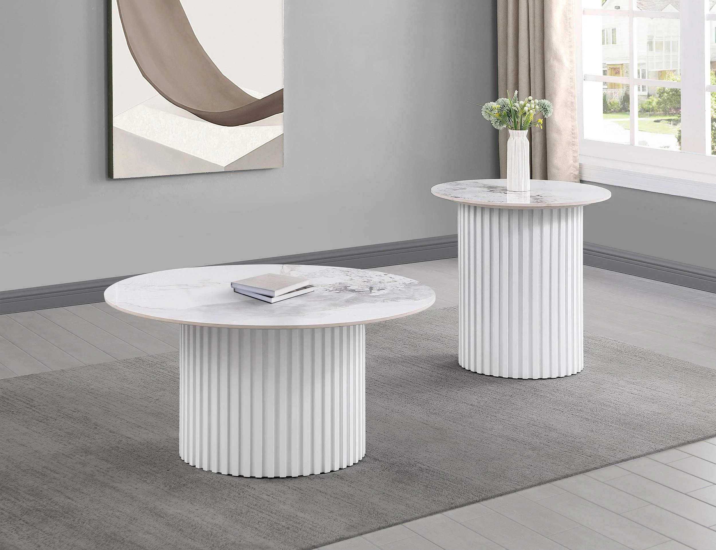 Rowena White 2-Piece Faux Marble Coffee and End Table Set