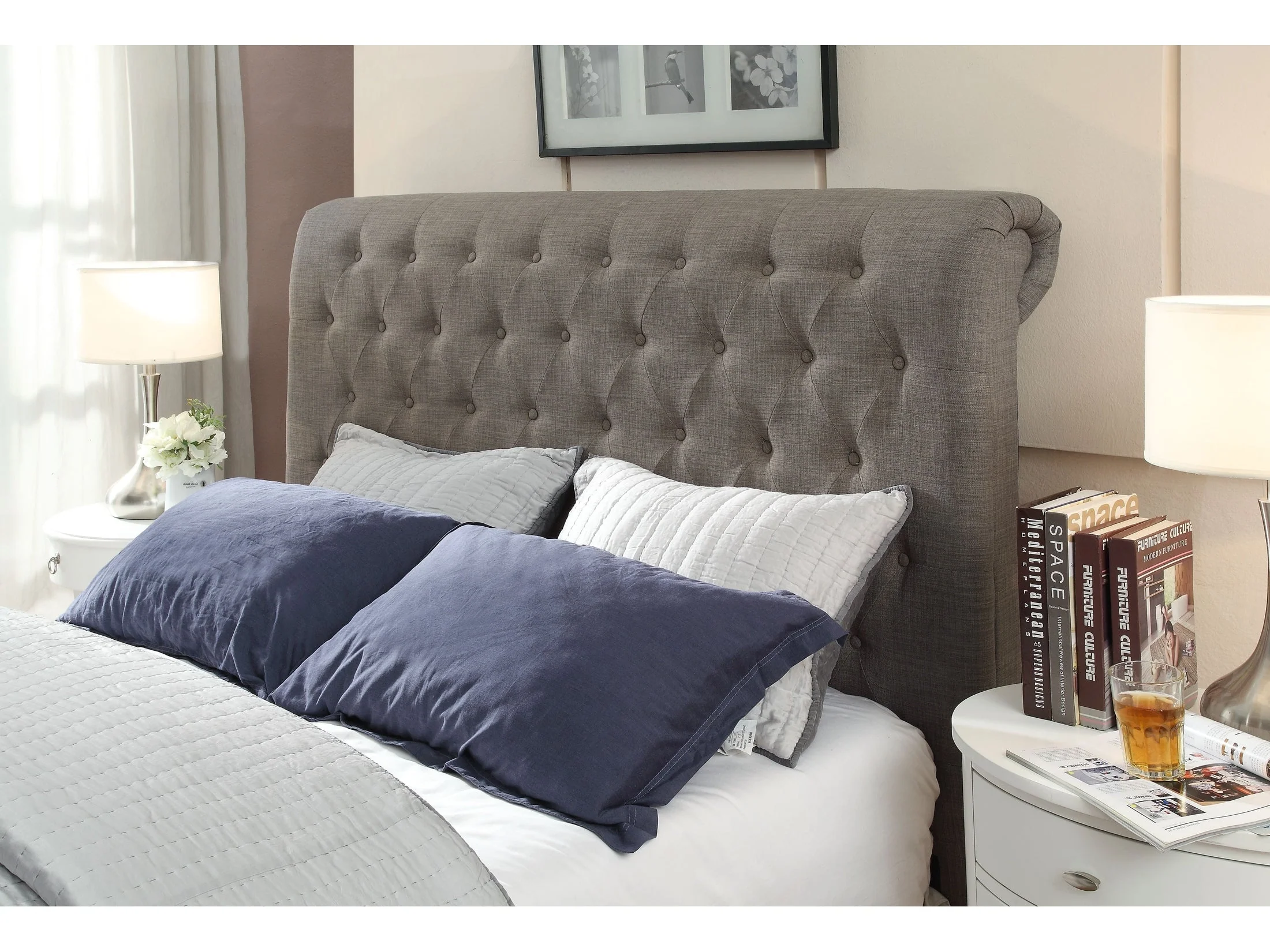 Royal Tufted Upholstered Headboard in Dolphin Linen