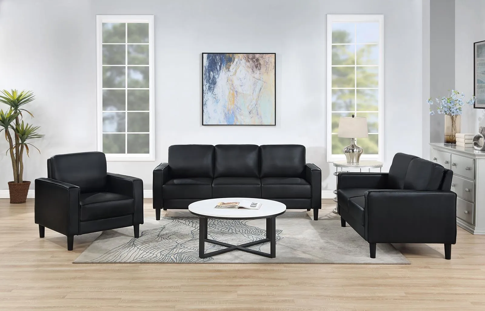 Ruth Black Upholstered Track Arm Faux Leather Loveseat - Image 9