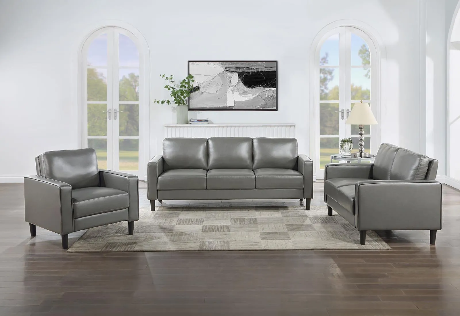Ruth Grey Upholstered Track Arm Faux Leather Sofa - Image 10
