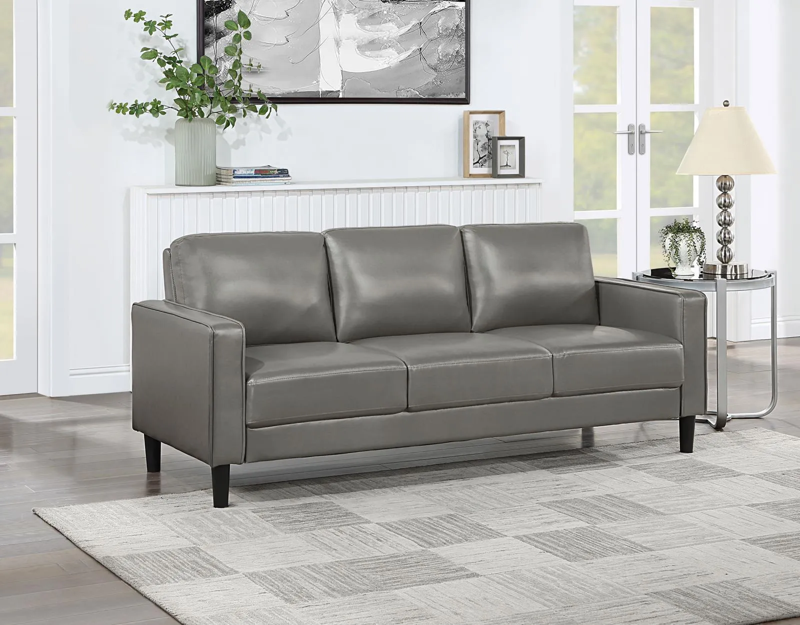 Ruth Grey Upholstered Track Arm Faux Leather Sofa - Image 2