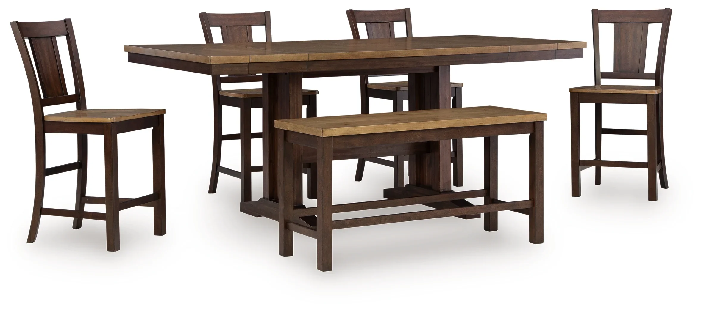 Rylandeen Light Brown/Dark Brown Counter Height Dining Table and 4 Barstools and Bench
