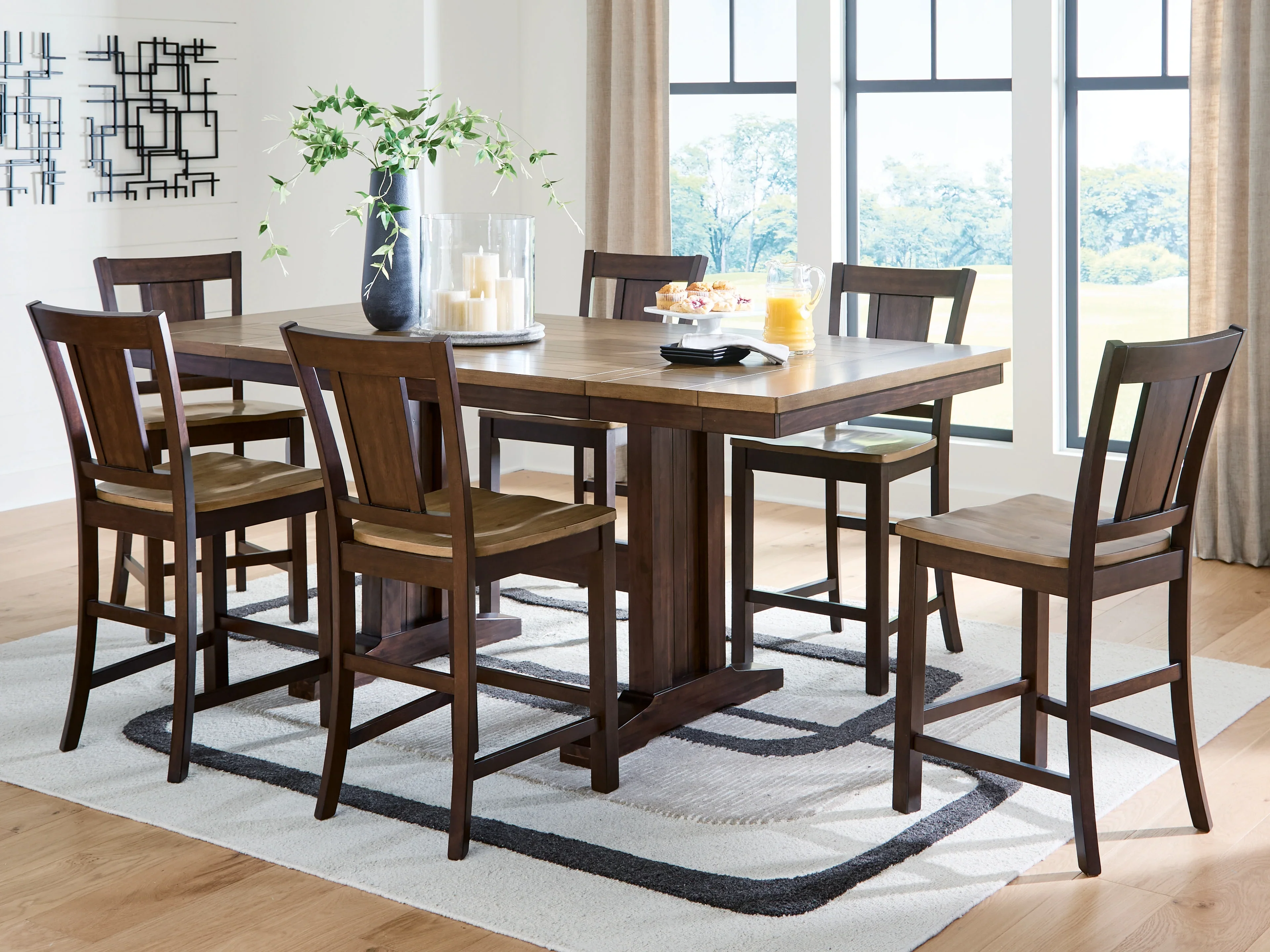 Rylandeen Light Brown/Dark Brown Counter Height Dining Table and 6 Barstools - Image 2