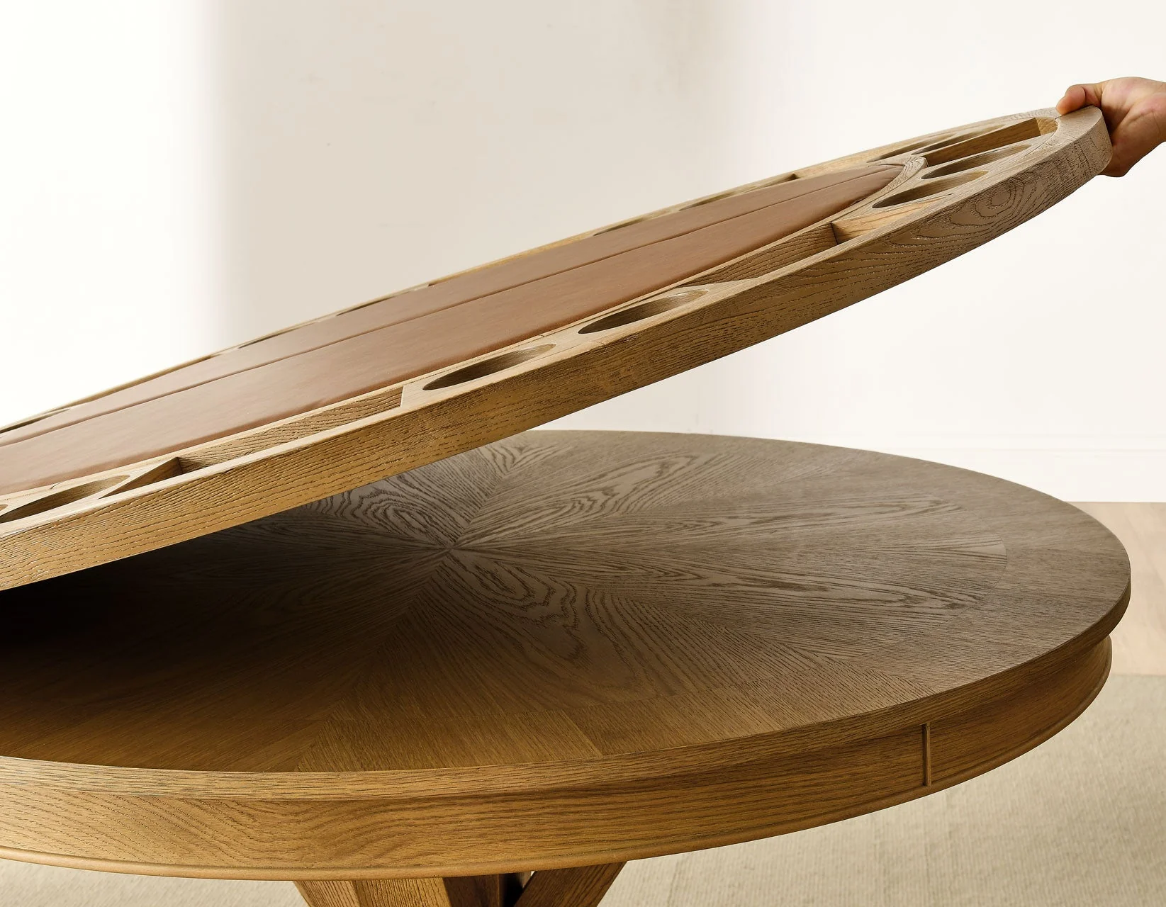 Rylie 48-inch Round Dining Table with Folding Game Top, Natural Finish - Image 11