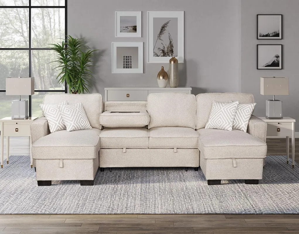 Sahara Beige Double Storage Chaise Sectional w/ Drop Down Cupholders - Image 2