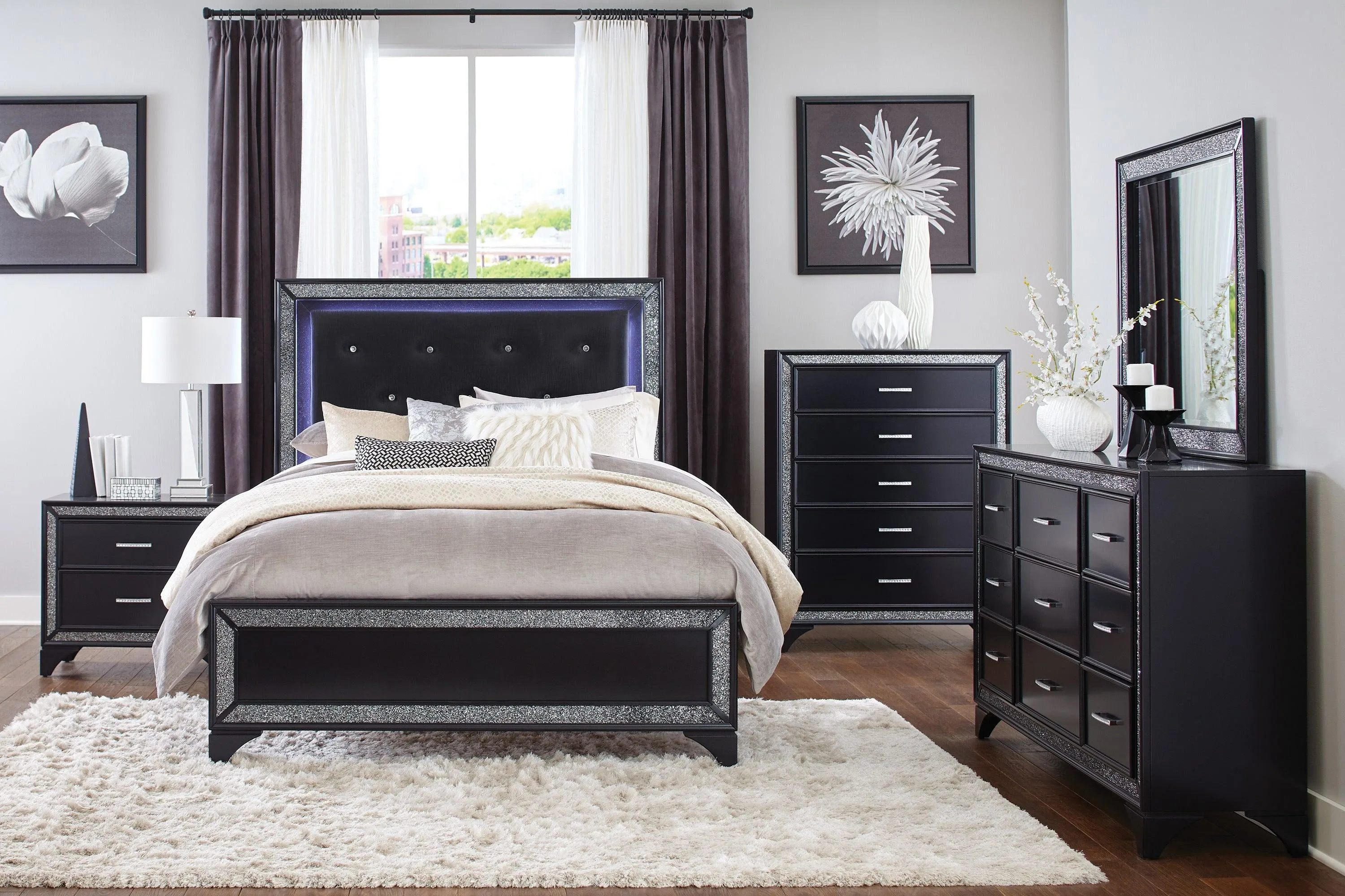 Salon Black Queen LED Upholstered Panel Bed - Image 2