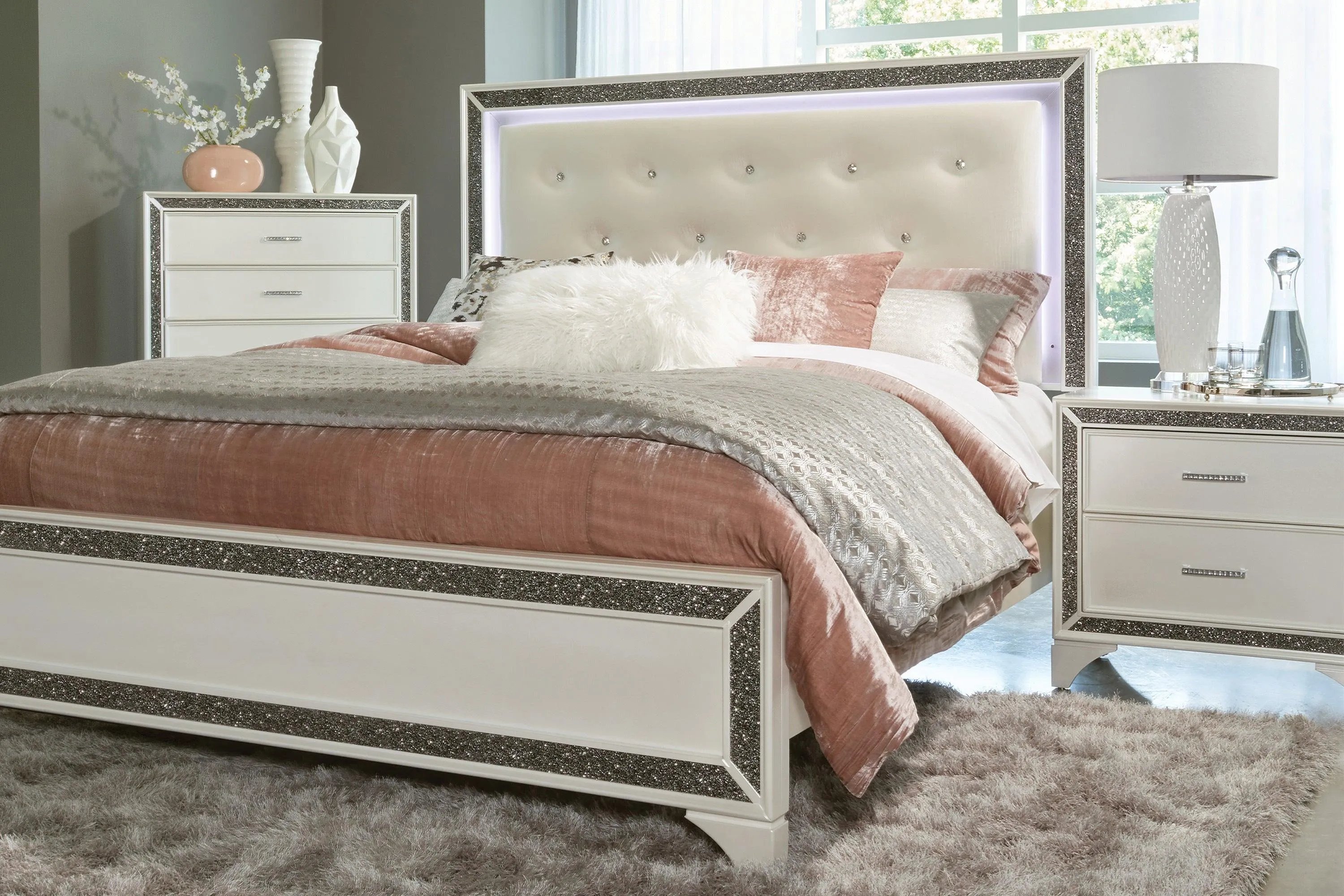 Salon White Queen LED Upholstered Panel Bed - Image 3