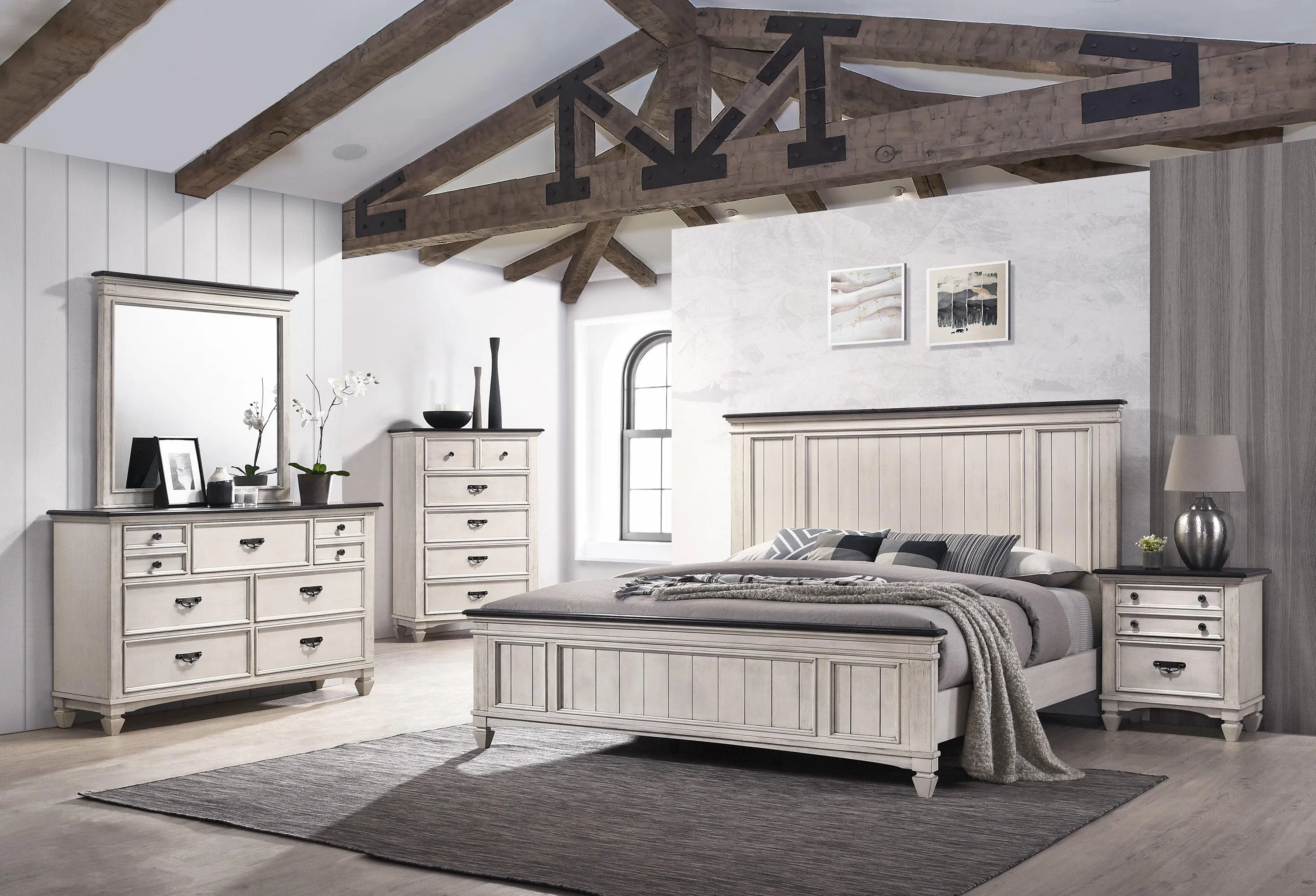 Sawyer Antique White and Brown King Panel Bed - Image 4