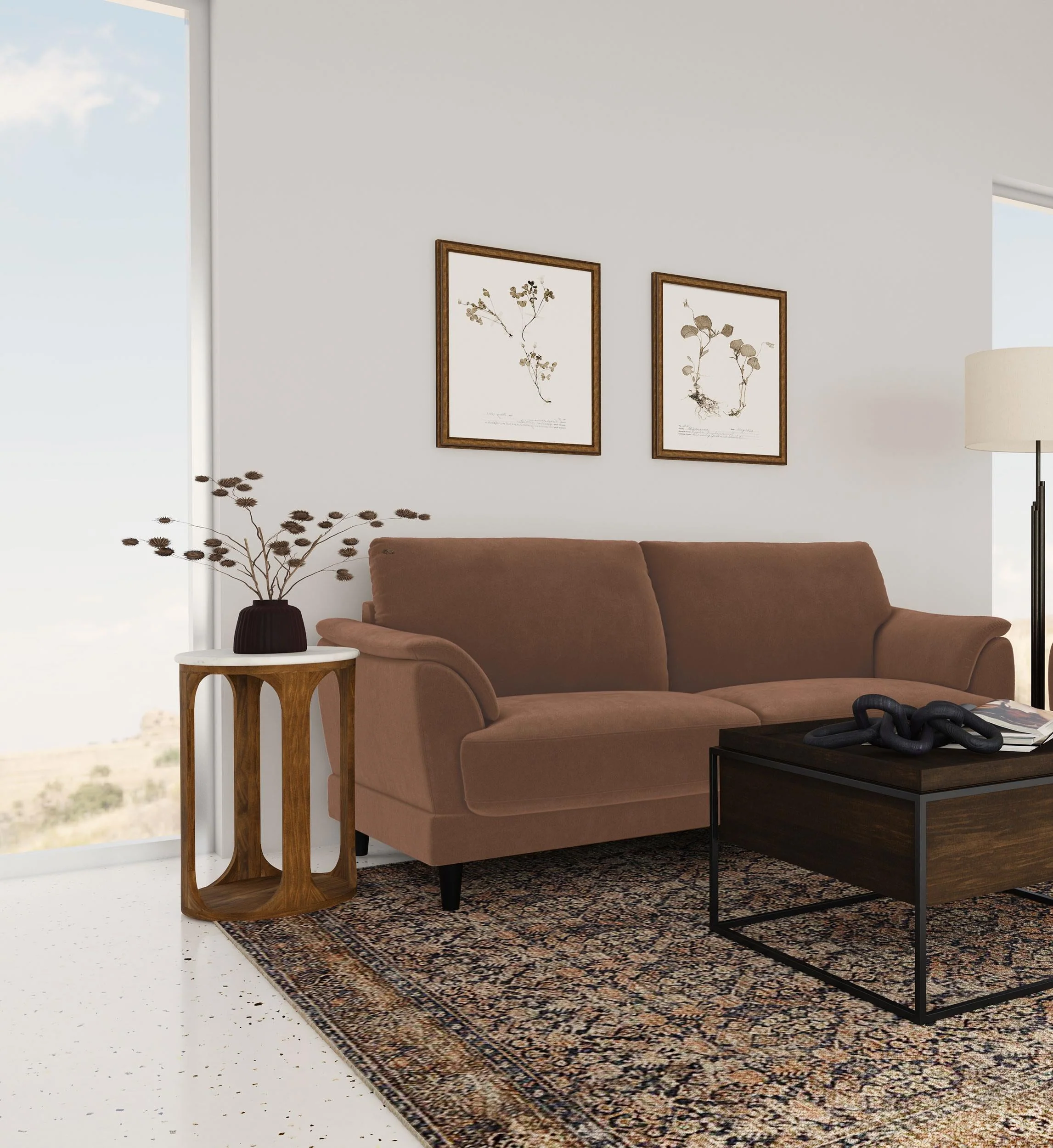 Selma Rust Velvet Crescent Arm Sofa