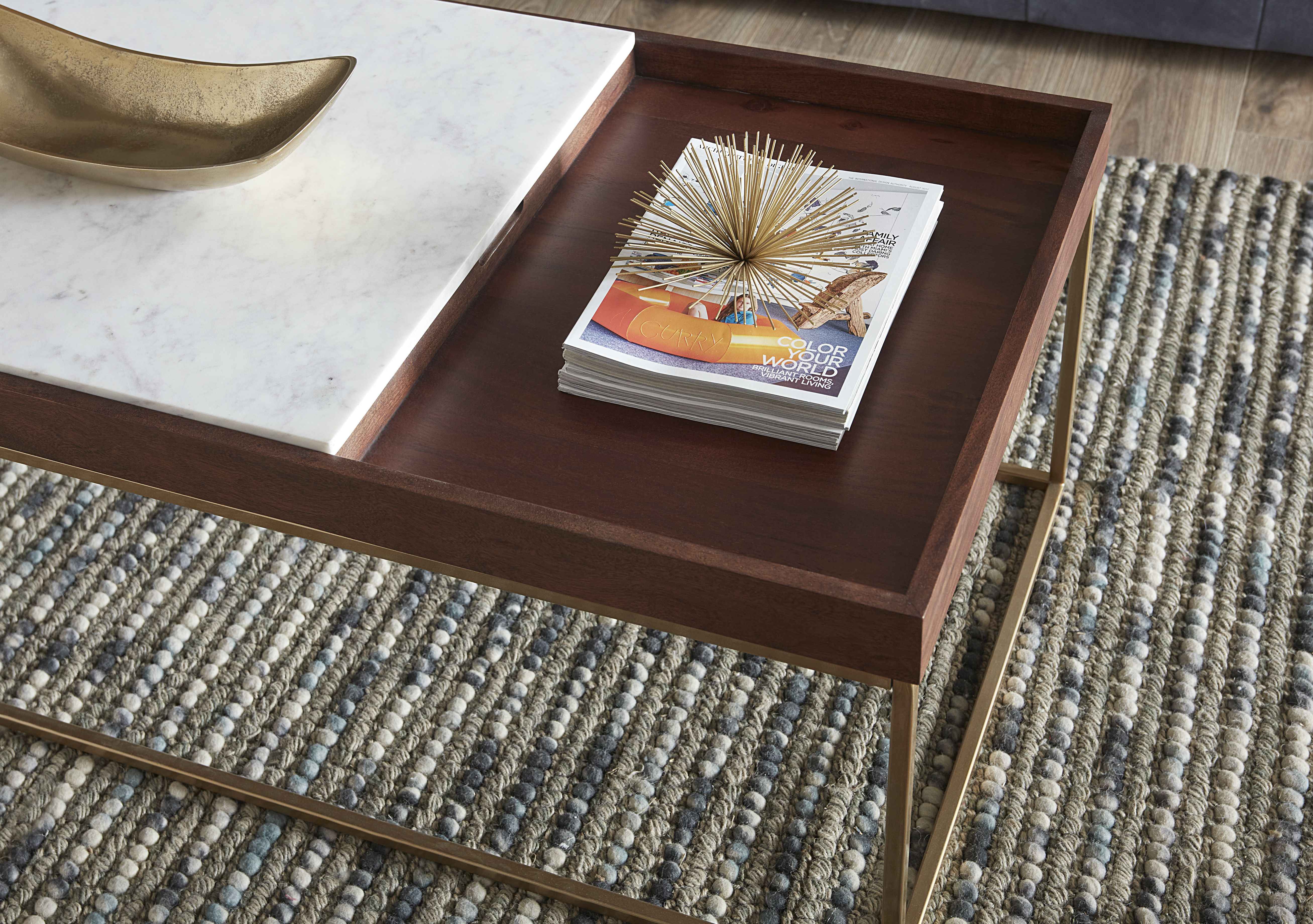 Serene 45" Coffee Table with White Marble in Walnut and Brass Base - Image 9