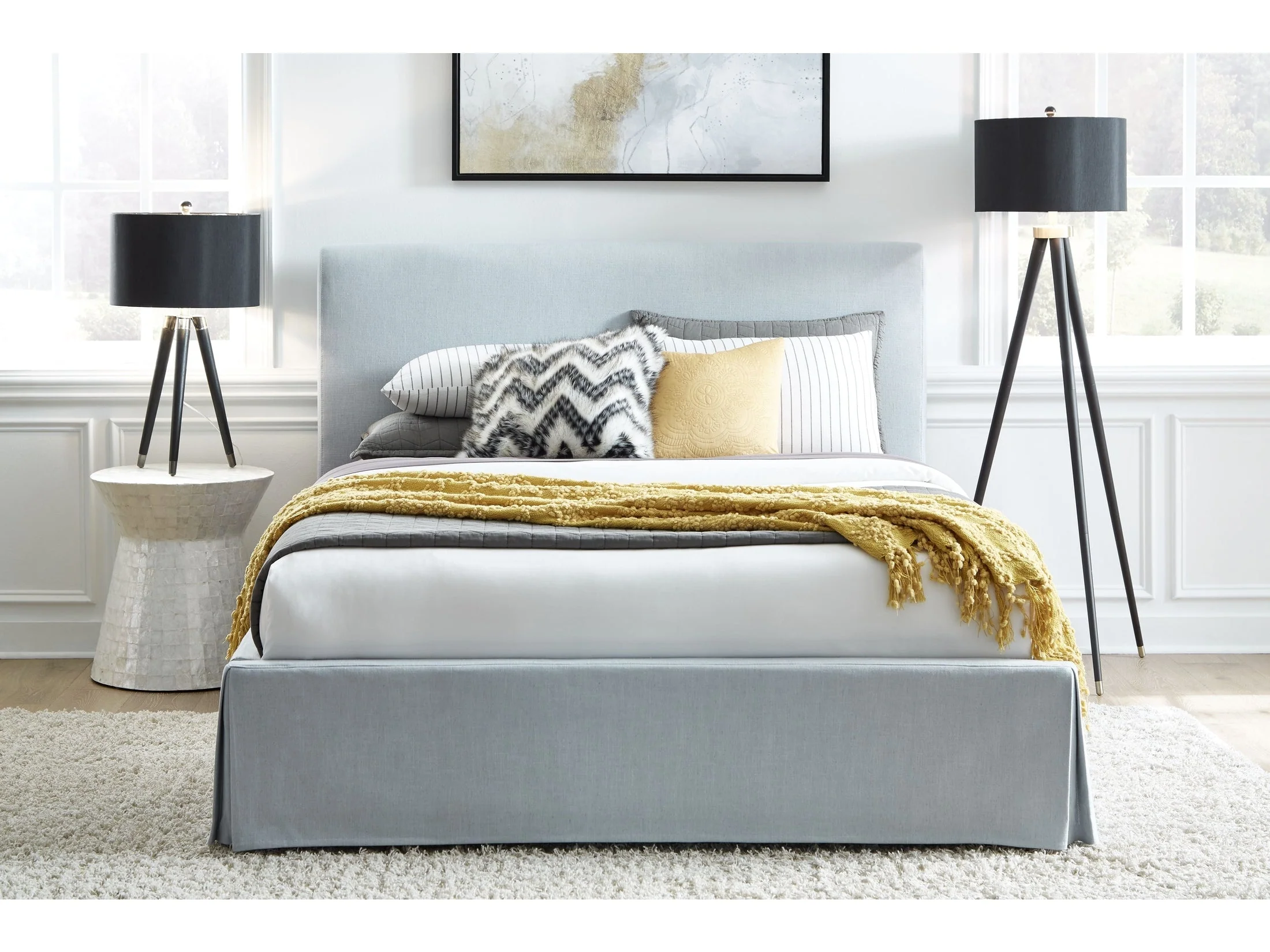 Shelby California King Skirted Footboard Storage Panel Bed in Sky