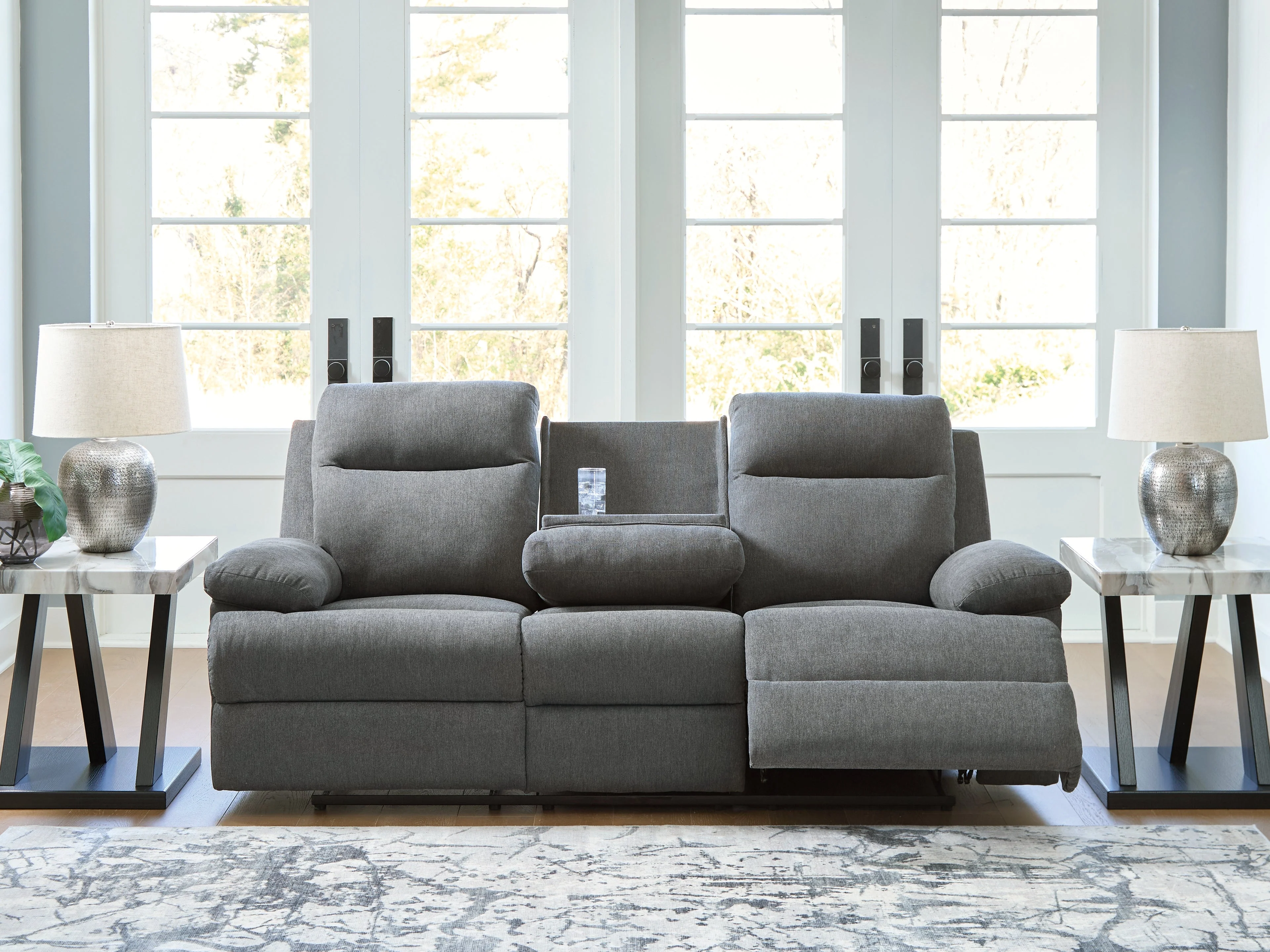 Side-Swipe Charcoal Manual Reclining Sofa with Drop Down Table - Image 7