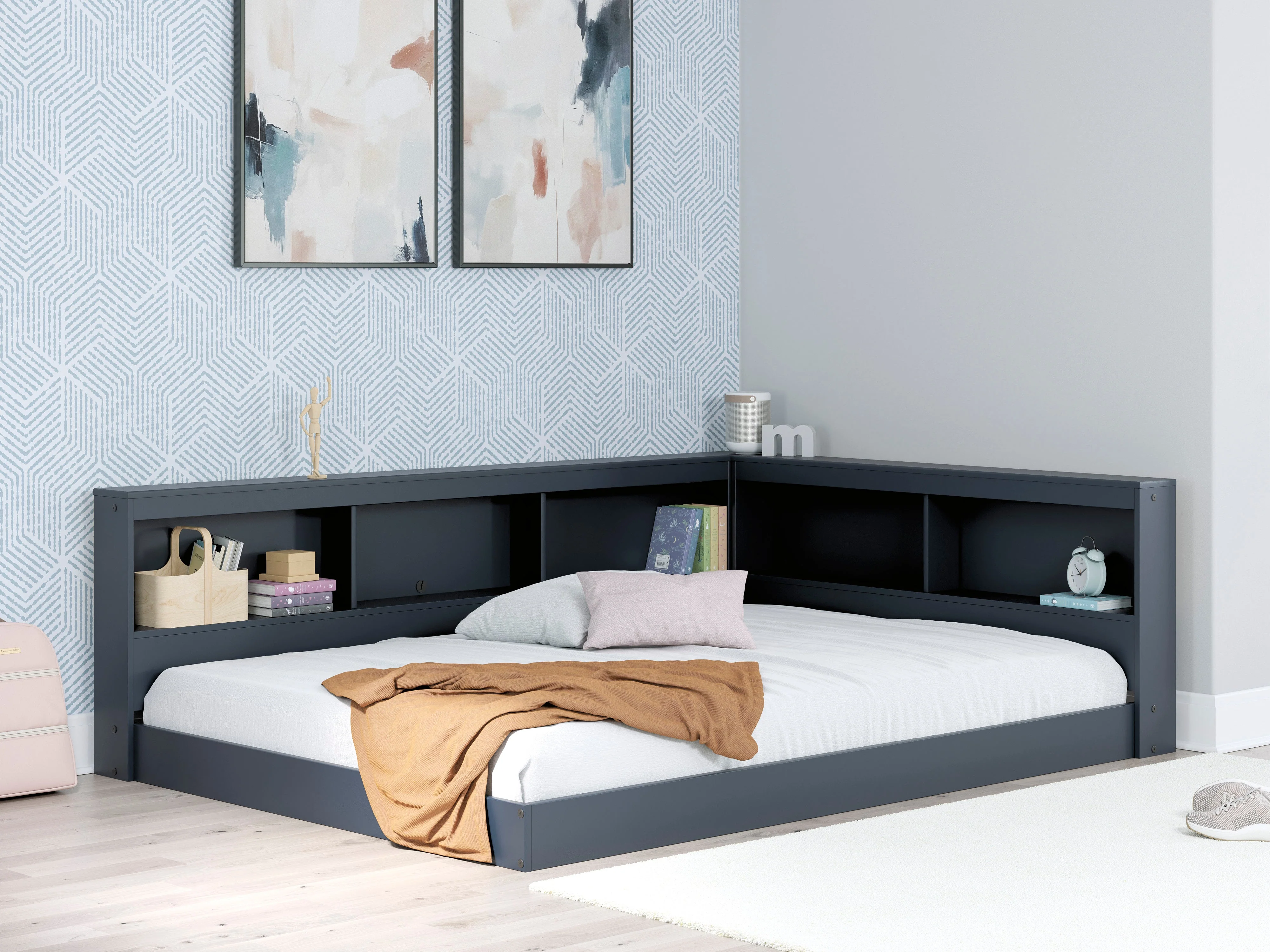 Simmenfort Navy Blue Full Bookcase Corner Storage Bed - Image 2
