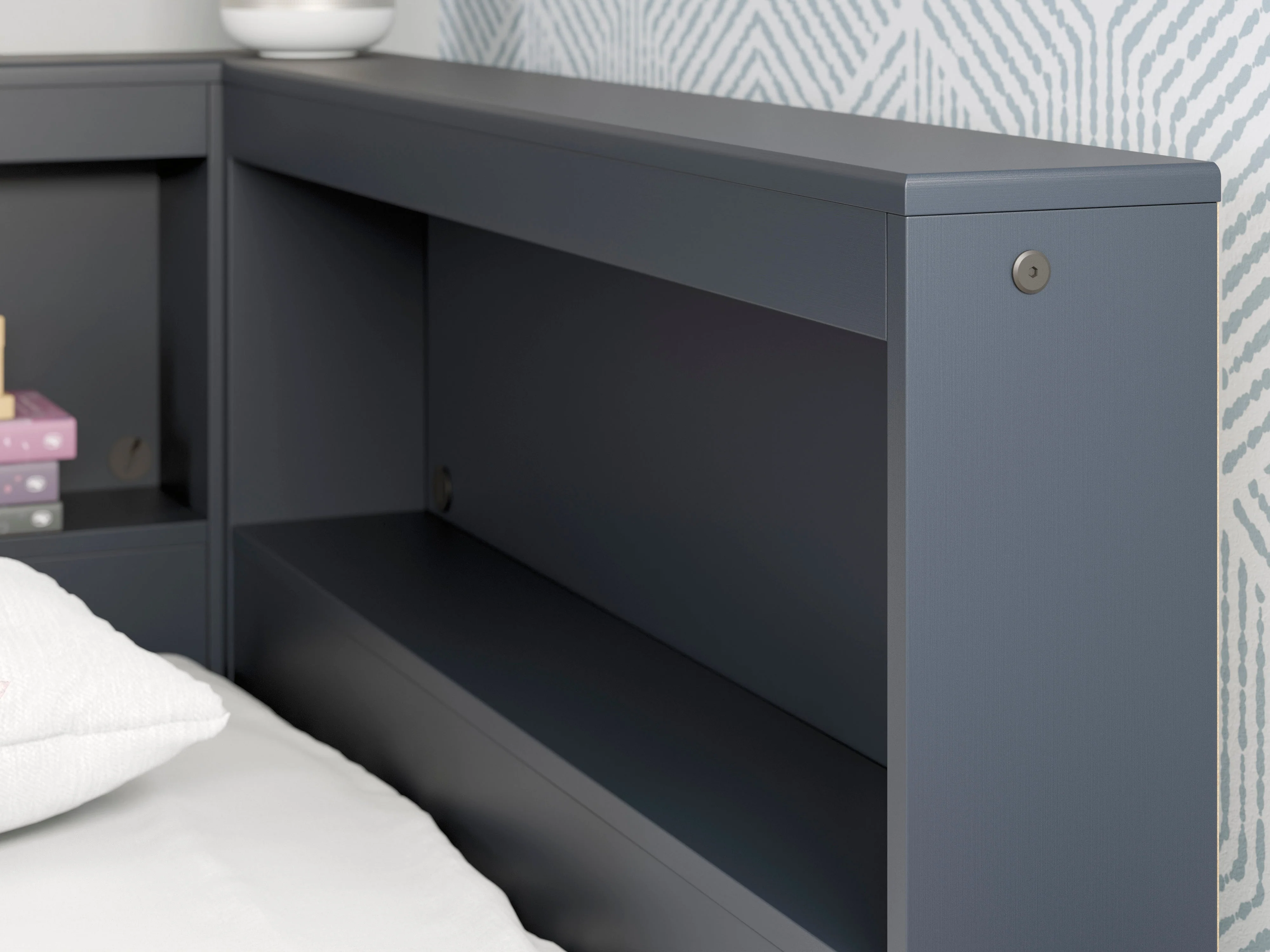 Simmenfort Navy Blue Twin Bookcase Corner Storage Bed - Image 6
