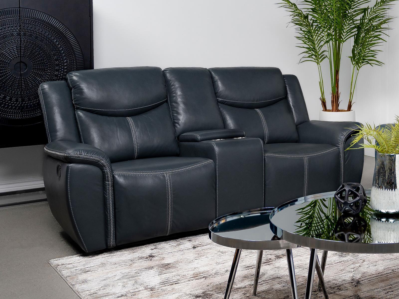 Sloane Blue Upholstered Motion Reclining Loveseat with Console