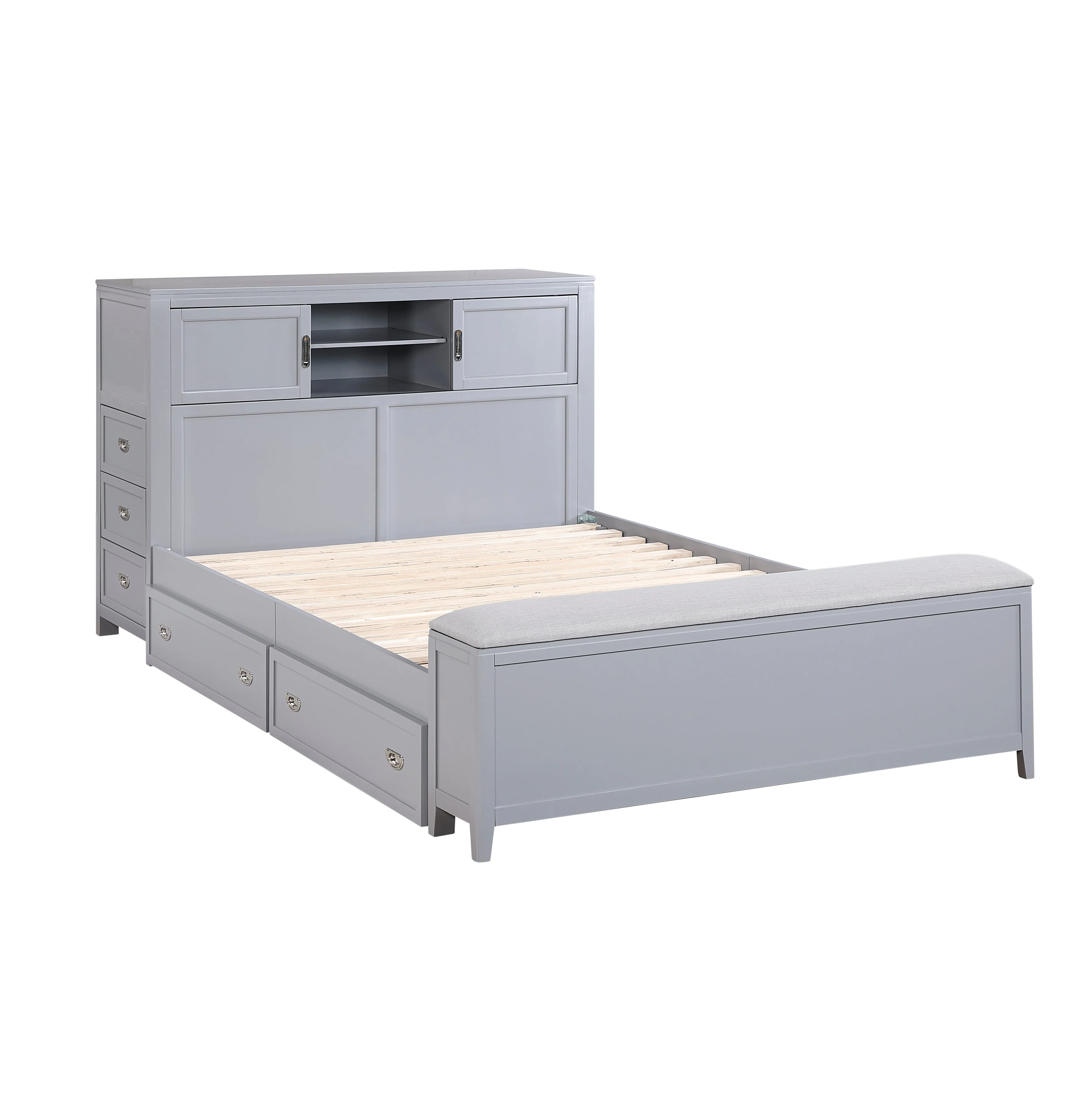 Sloane Gray Full Bookcase Bed with Hidden Desk, Stool and Storage Bench - Image 16