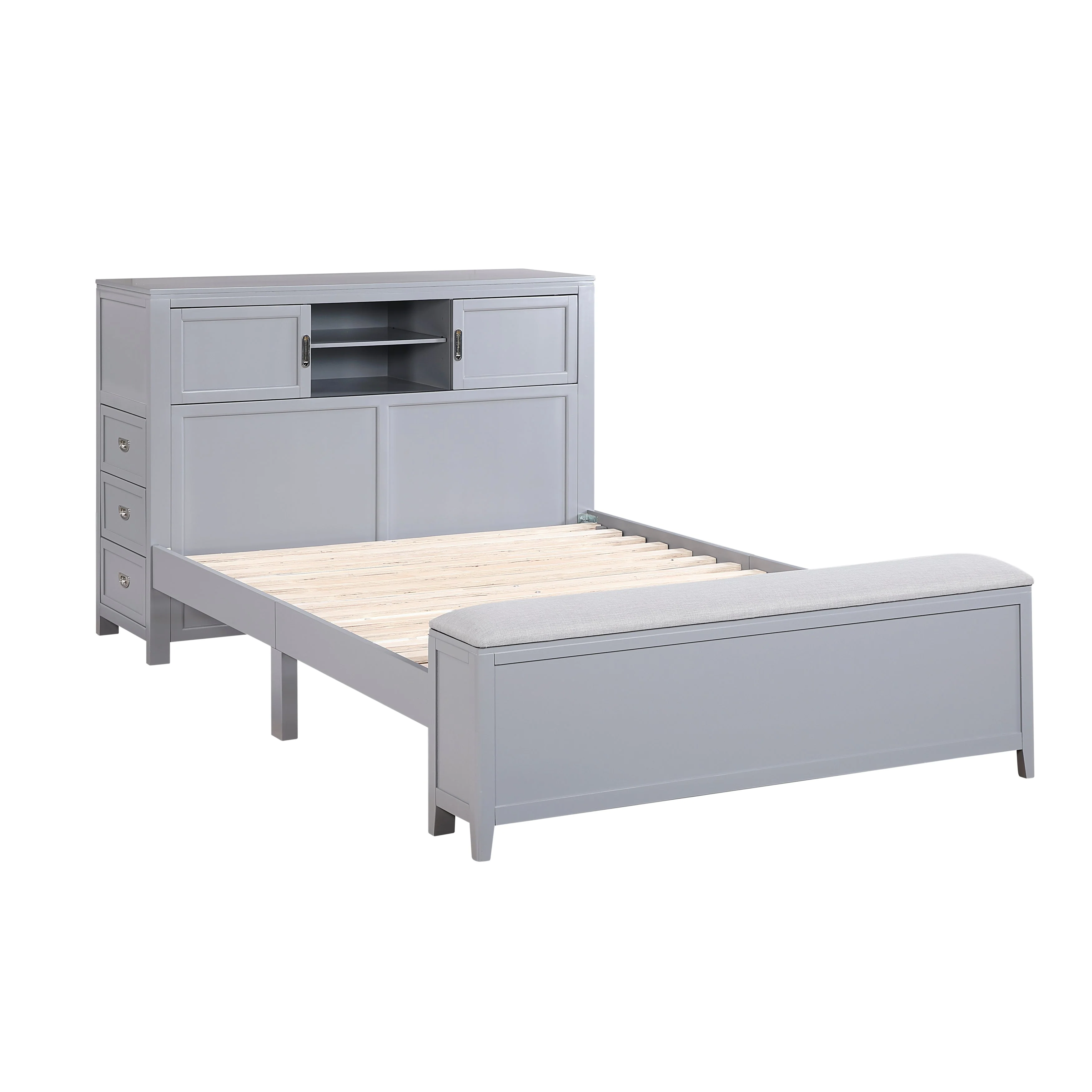 Sloane Gray Full Bookcase Bed with Hidden Desk, Stool and Storage Bench - Image 2