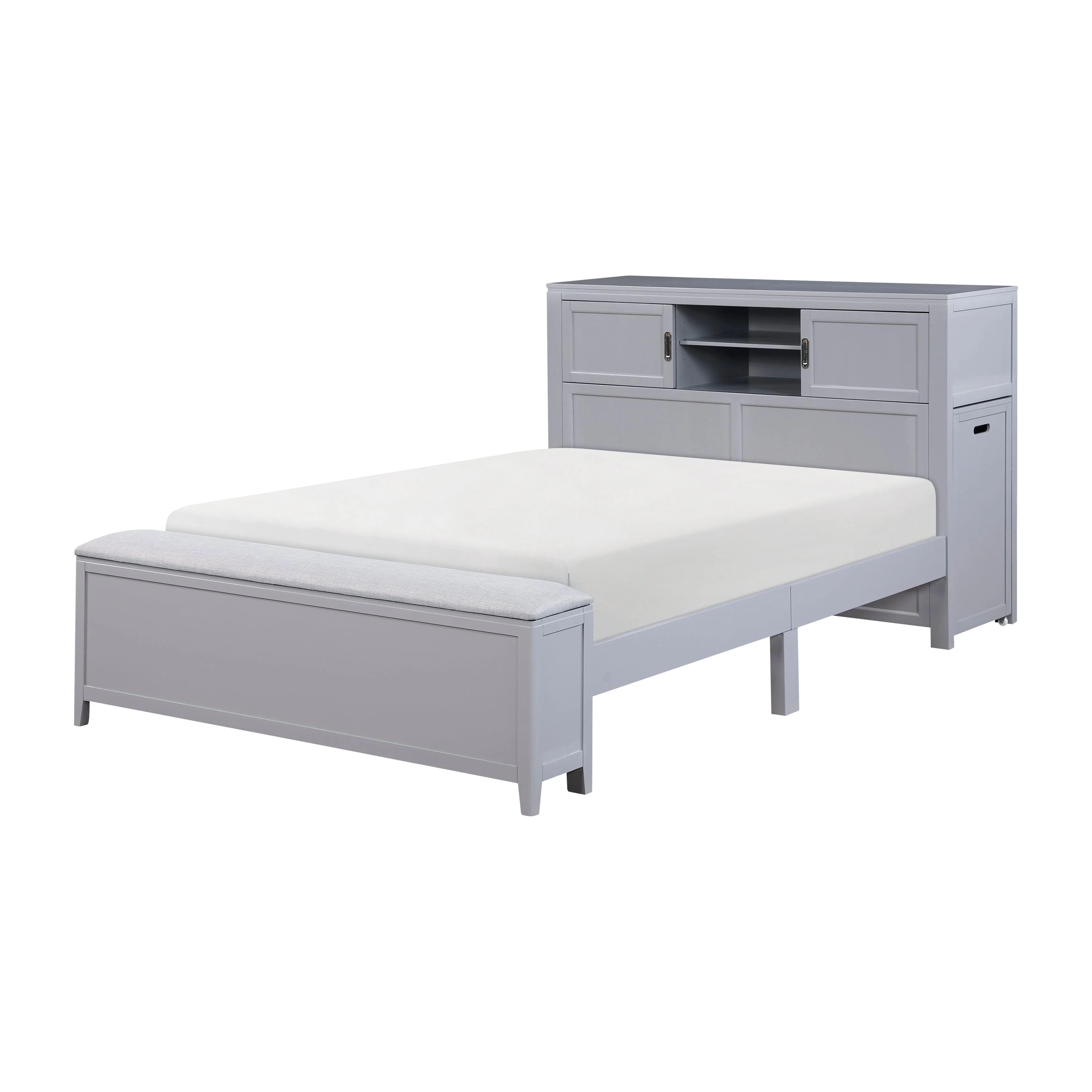 Sloane Gray Full Bookcase Bed with Hidden Desk, Stool and Storage Bench - Image 3