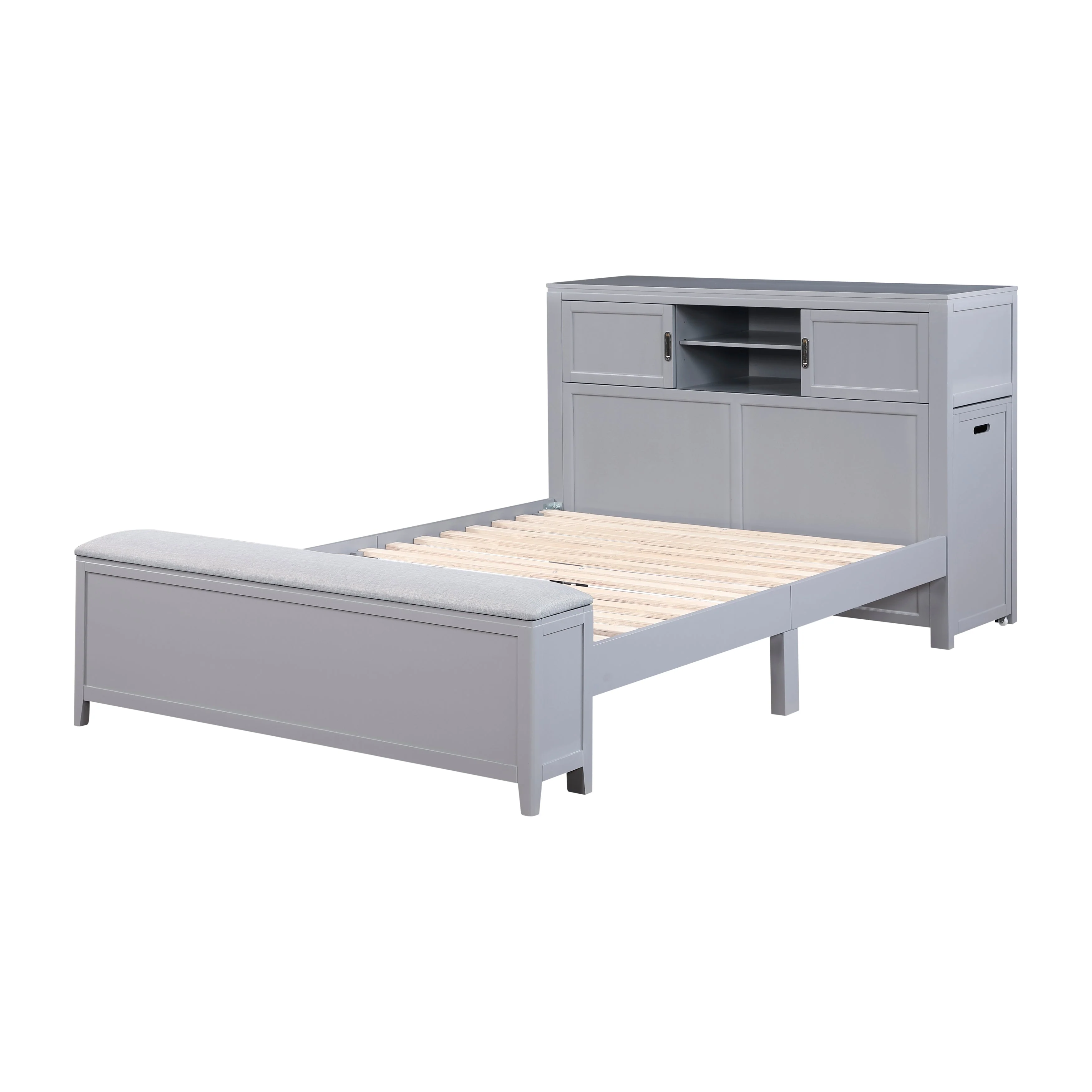 Sloane Gray Full Bookcase Bed with Hidden Desk, Stool and Storage Bench - Image 4