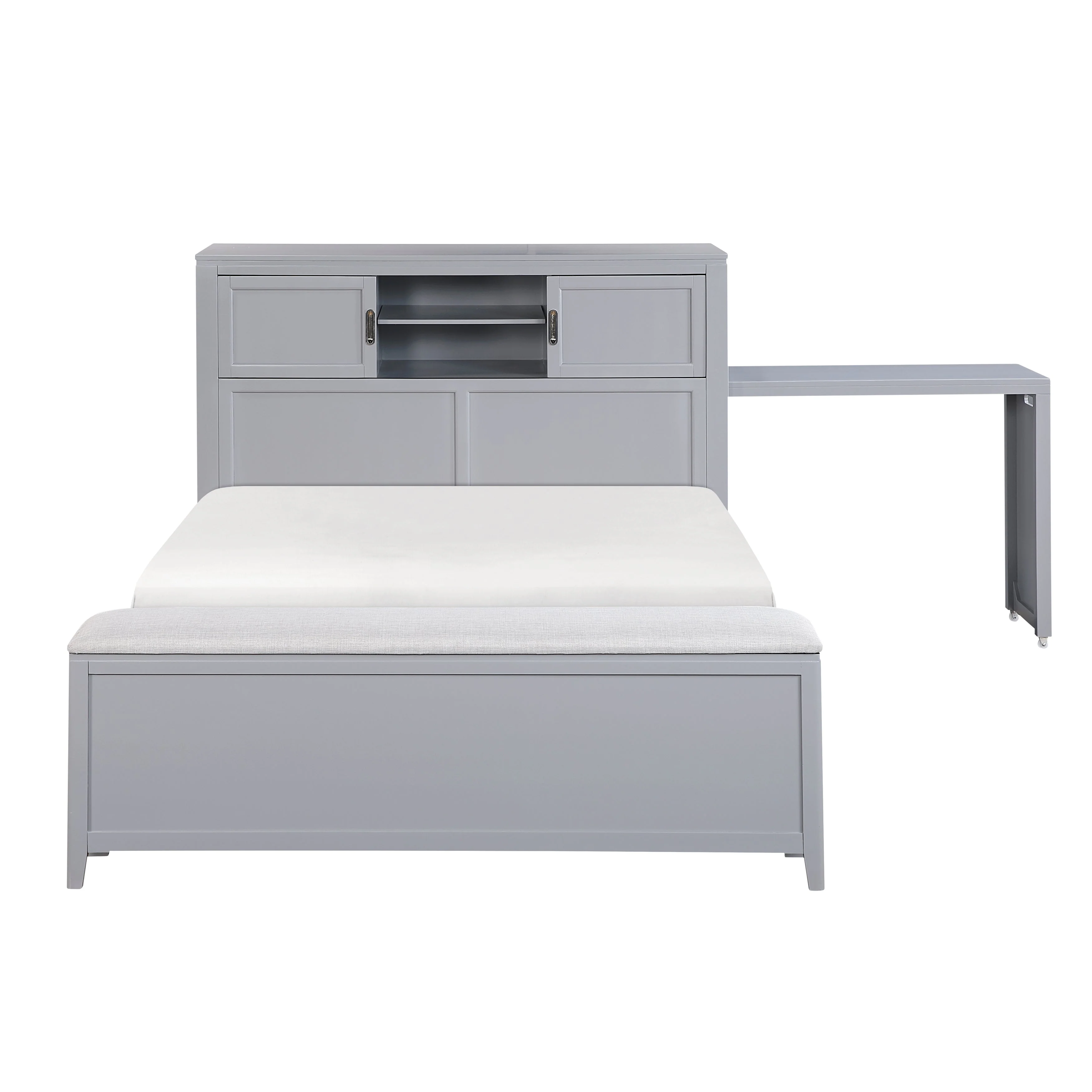 Sloane Gray Full Bookcase Bed with Hidden Desk, Stool and Storage Bench - Image 7