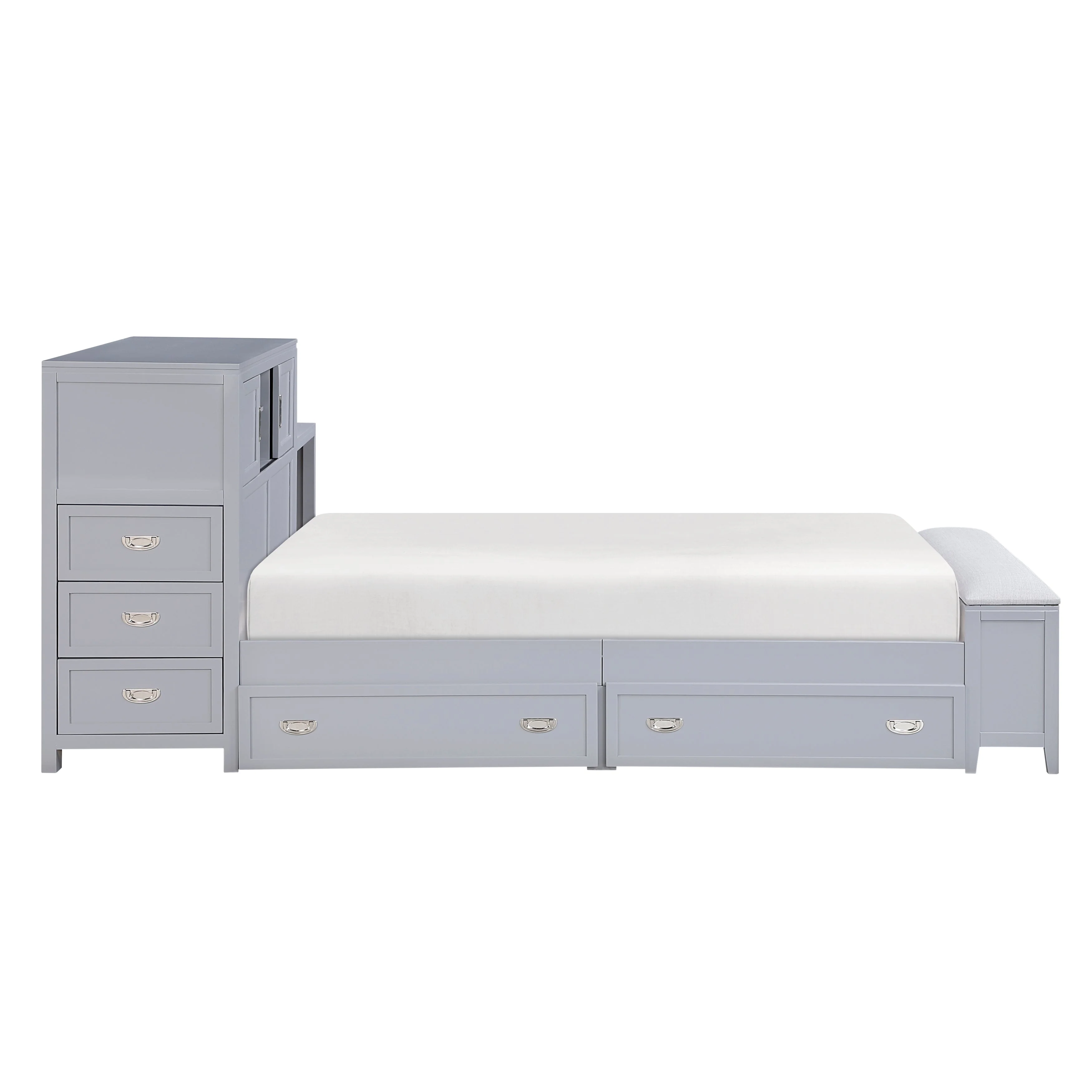 Sloane Gray Full Bookcase Bed with Hidden Desk, Stool and Storage Bench - Image 9