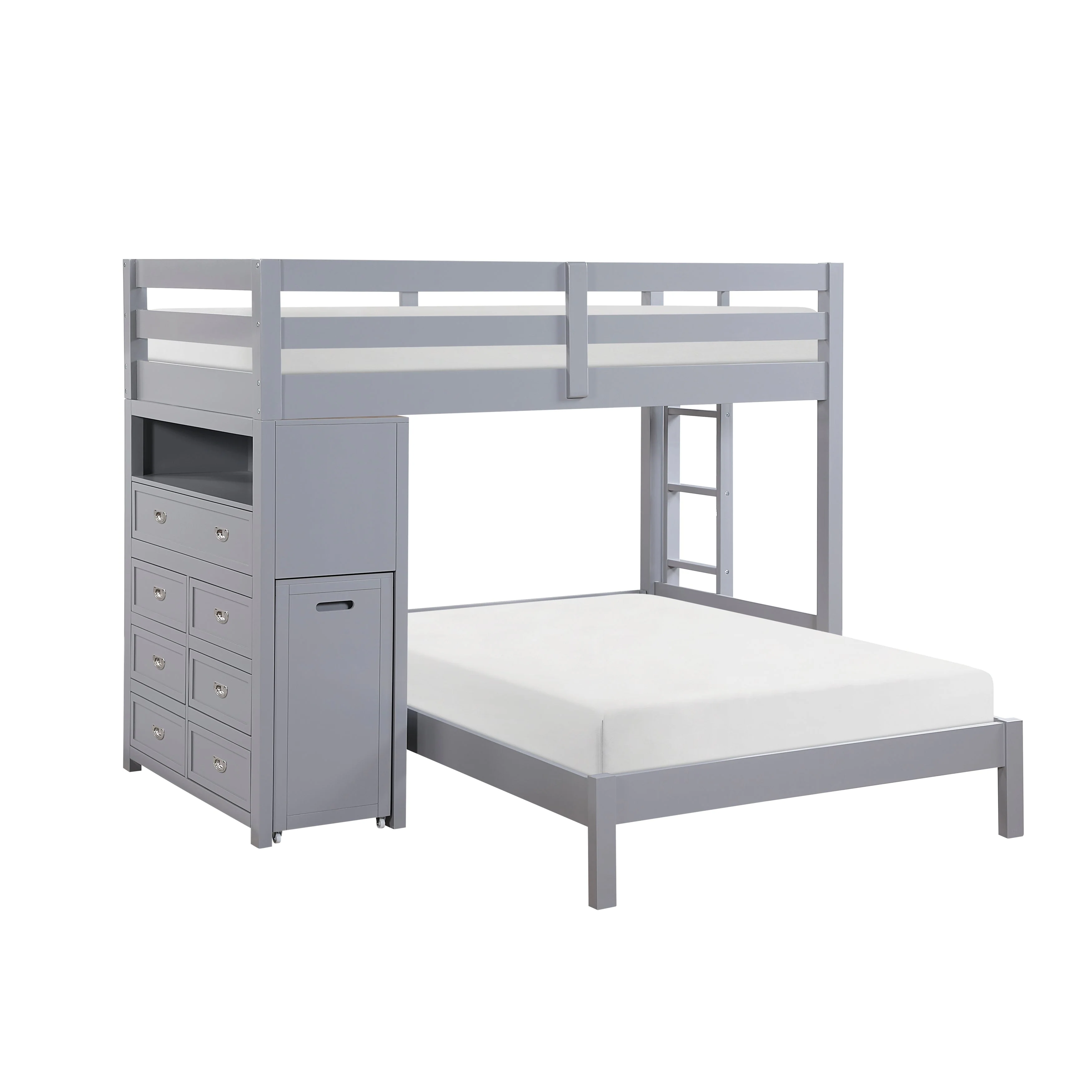 Sloane Gray Twin/Full Loft Bunk Bed with Chest and Hidden Desk