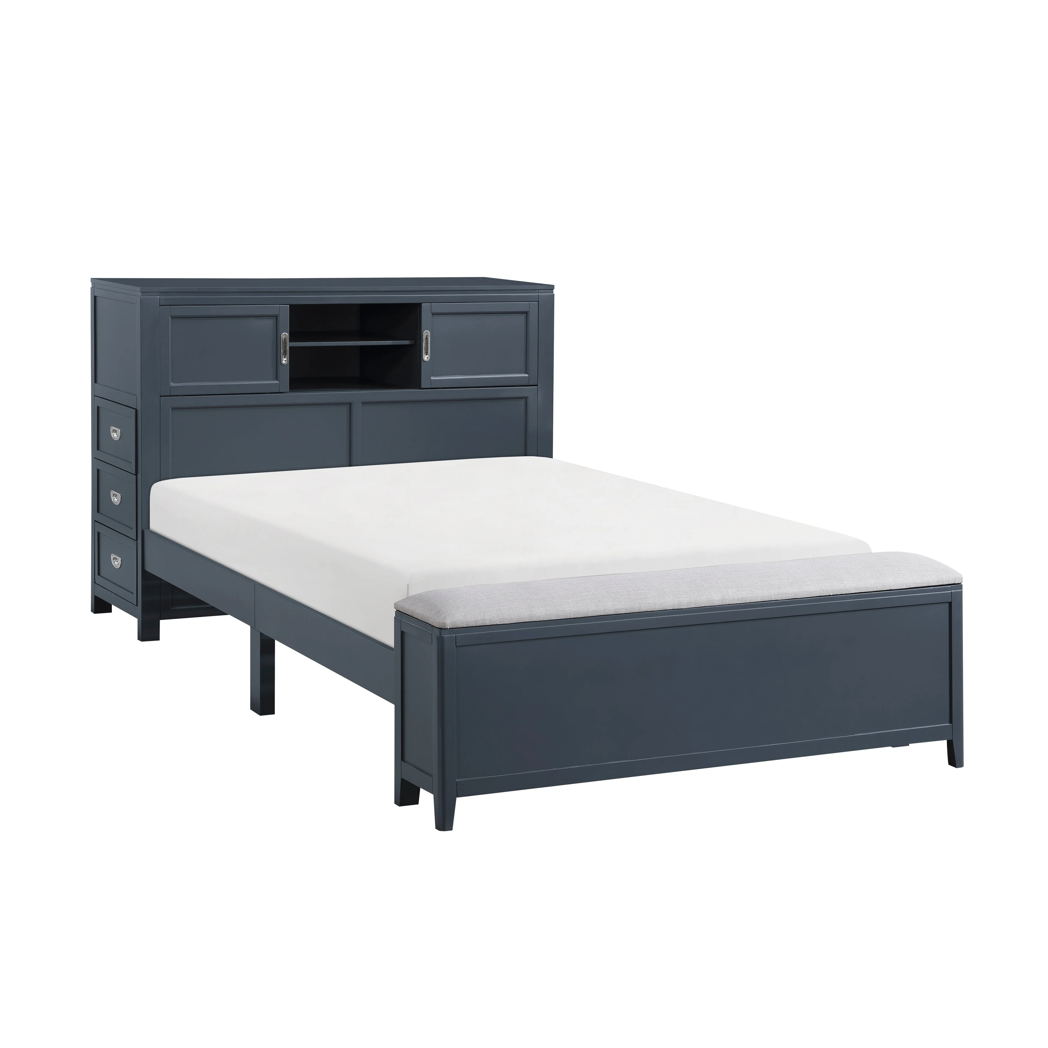 Sloane Navy Blue Full Bookcase Bed with Hidden Desk, Stool and Storage Bench