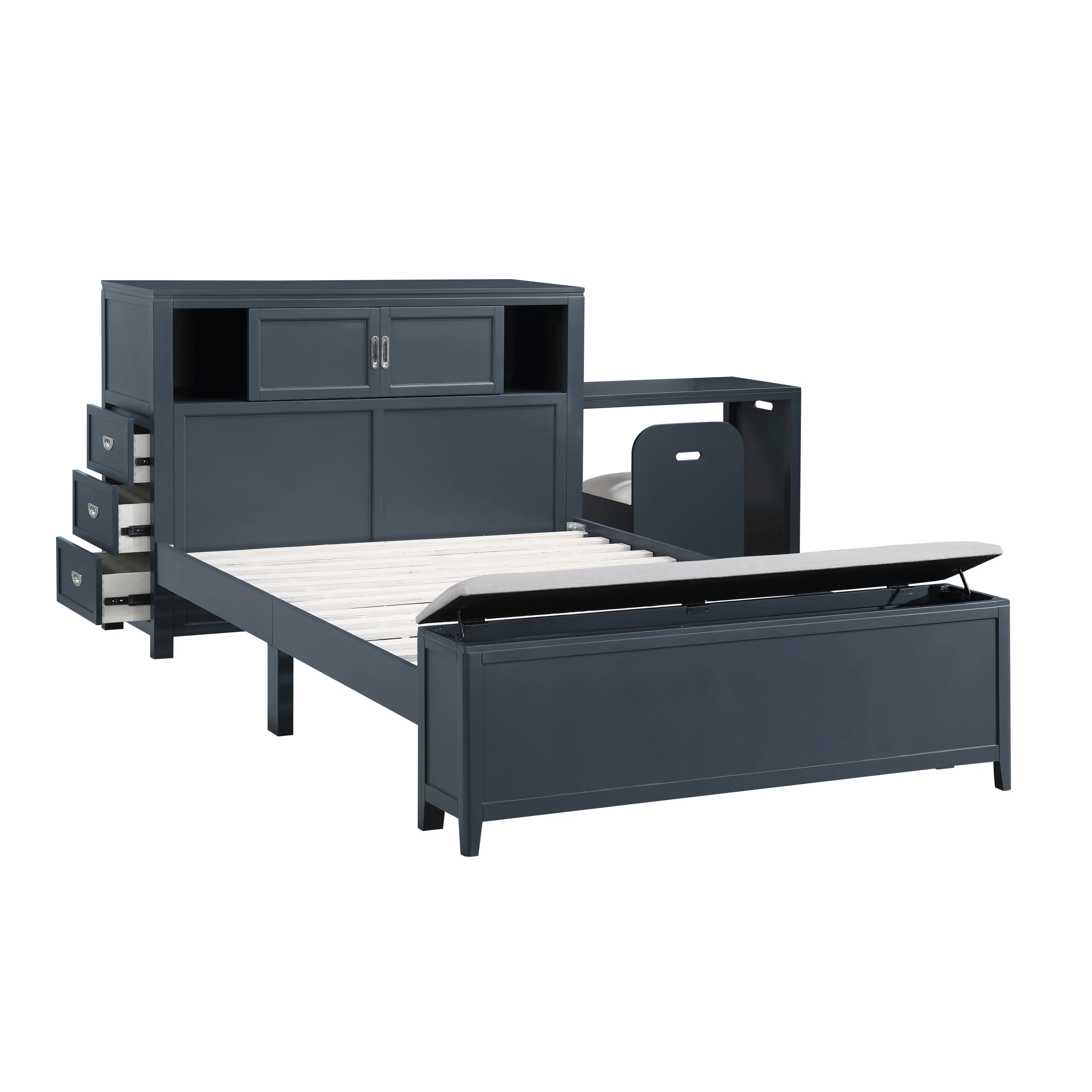 Sloane Navy Blue Full Bookcase Bed with Hidden Desk, Stool and Storage Bench - Image 10