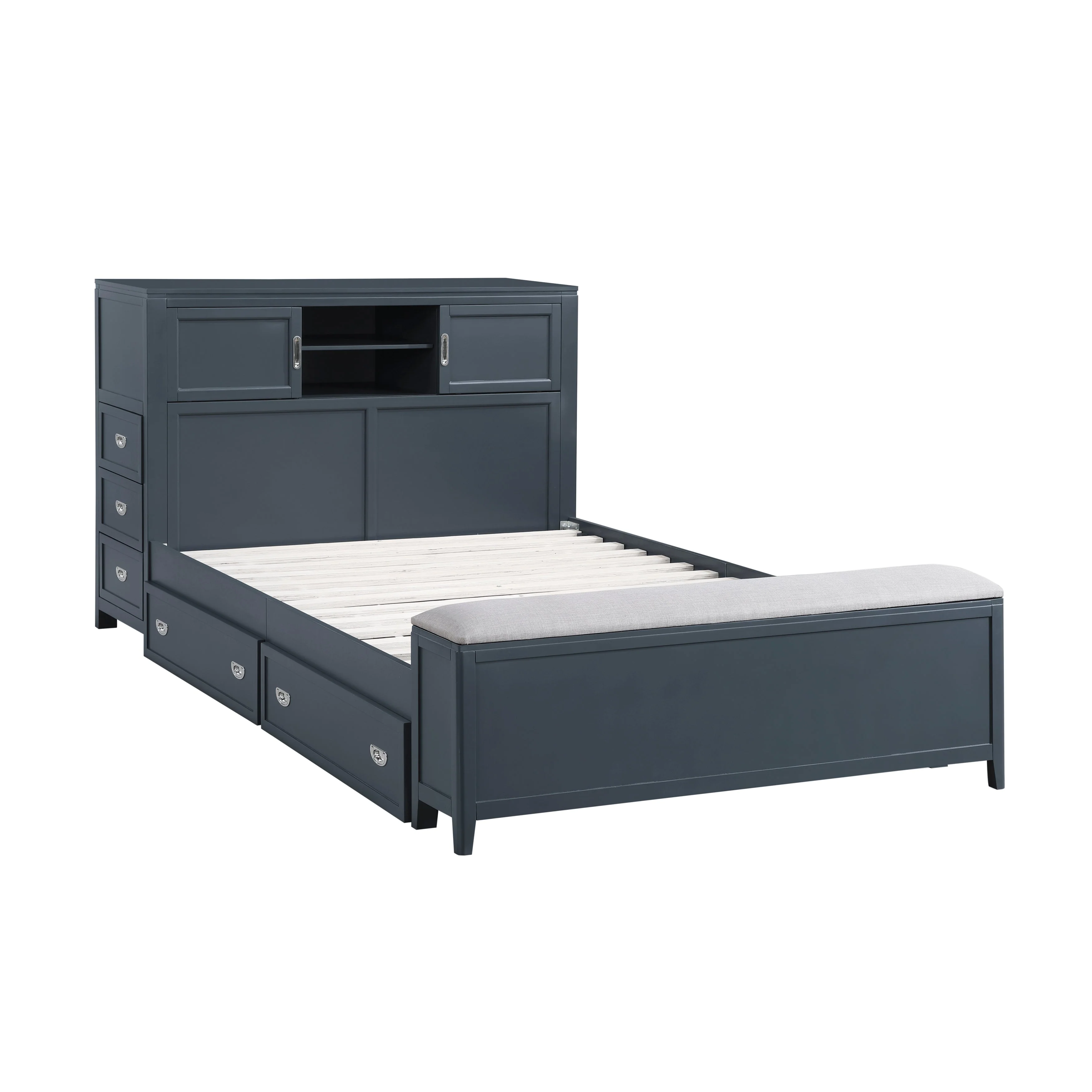 Sloane Navy Blue Full Bookcase Bed with Hidden Desk, Stool and Storage Bench - Image 12