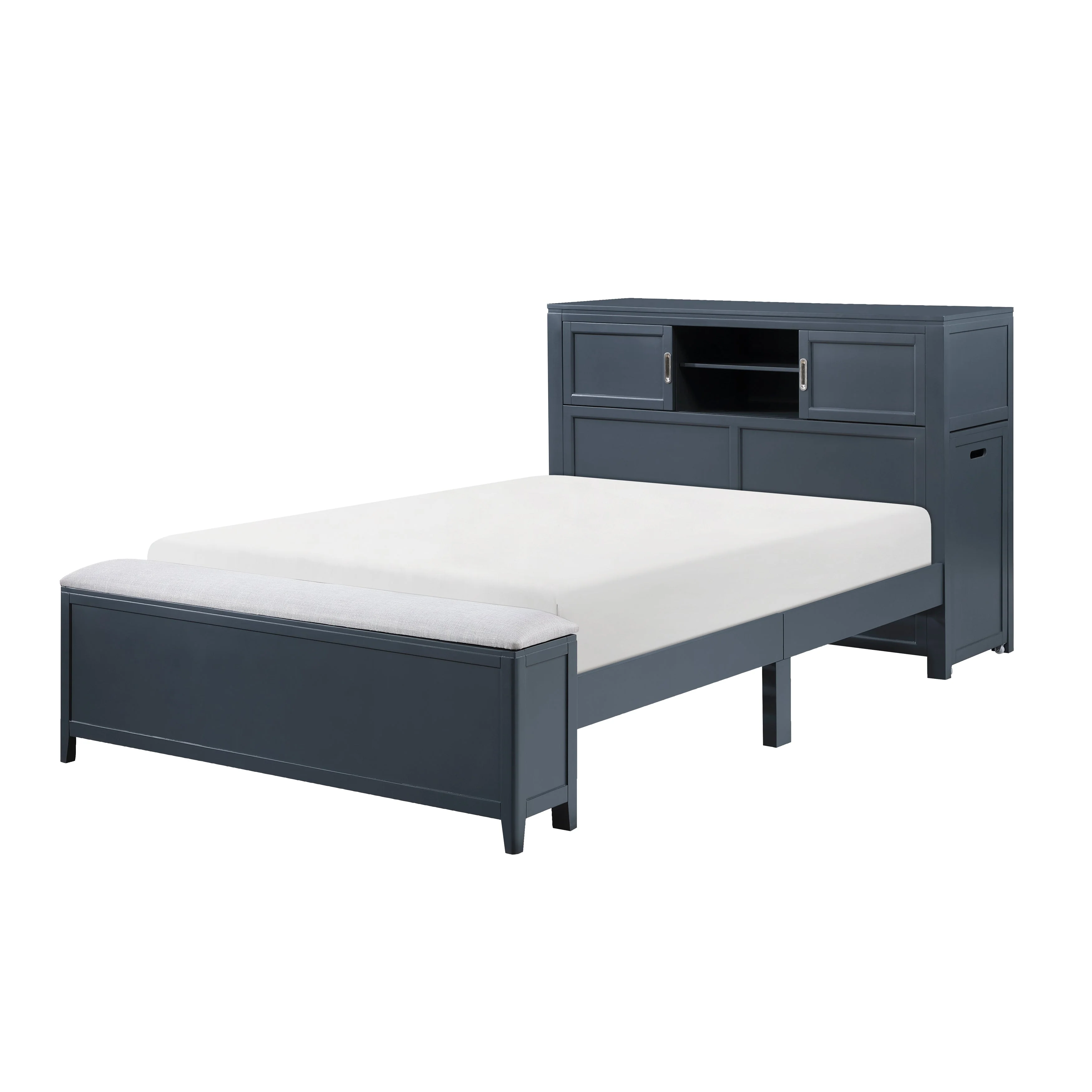Sloane Navy Blue Full Bookcase Bed with Hidden Desk, Stool and Storage Bench - Image 3
