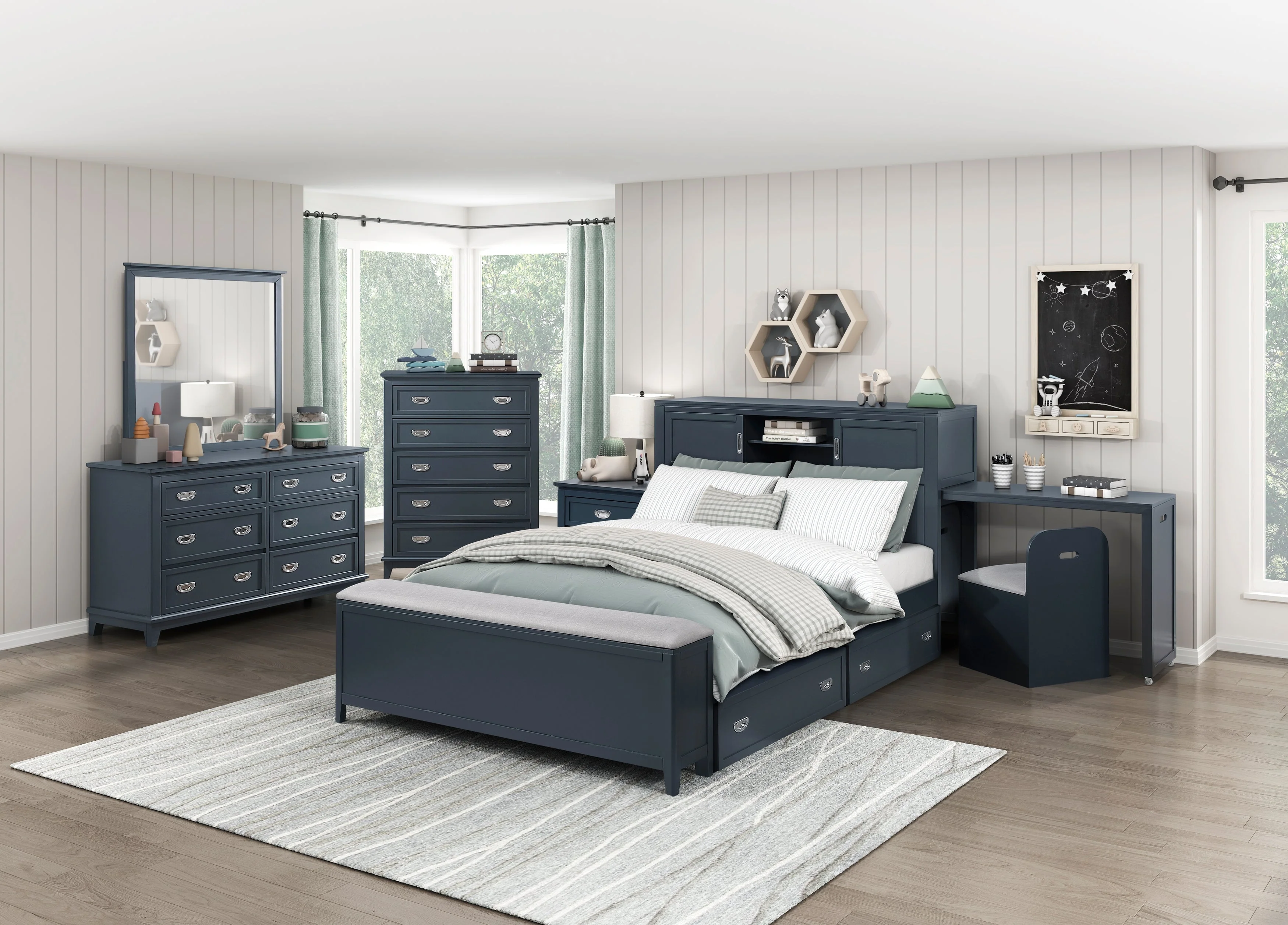 Sloane Navy Blue Full Bookcase Bed with Hidden Desk, Stool and Storage Bench - Image 32